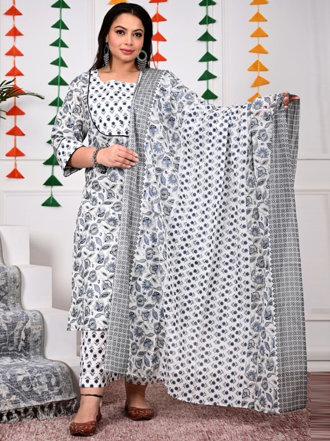 Swasti Plus Size Floral Printed Regular Pure Cotton Kurta With Trousers & Dupatta-picture-33