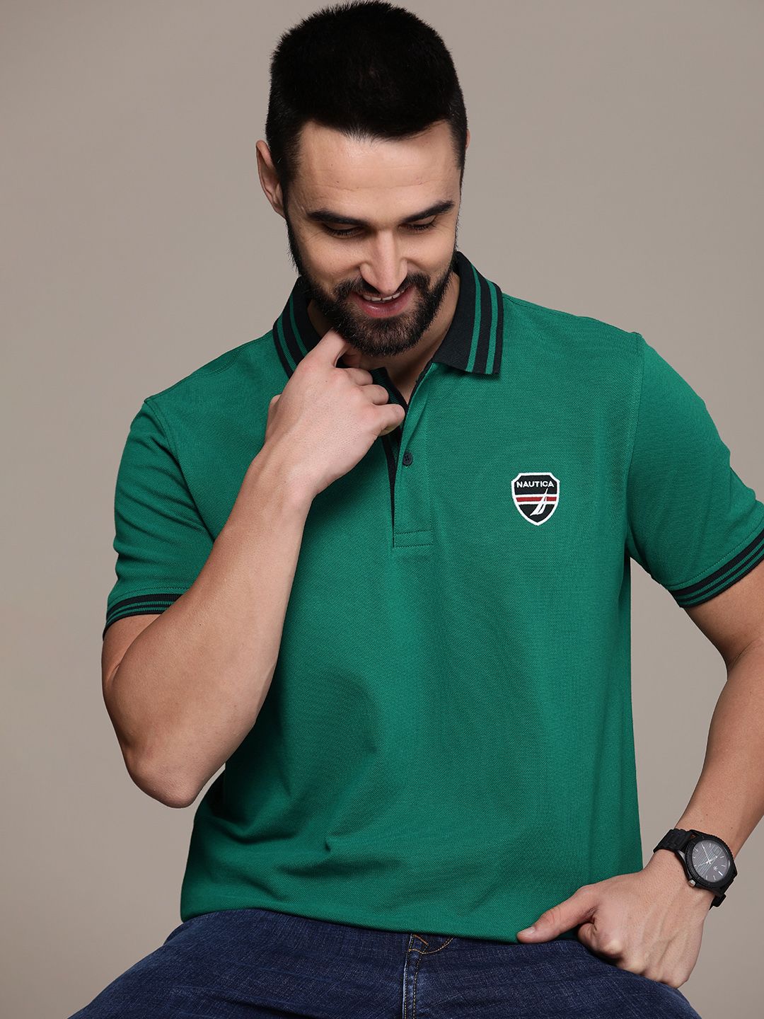 Nautica Solid Polo Collar Pure Cotton T-shirt with Embroidered Detail-picture-16