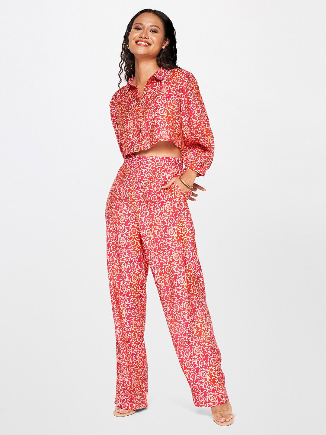 Global Desi Printed Crop Shirt Style Top With Trouser