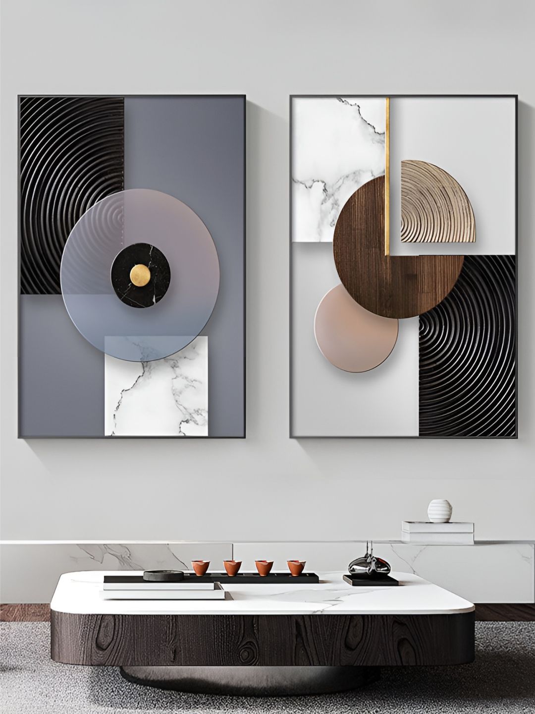 THE HANDMADE FLAIR Black & Grey 2 Pieces Wooden Textural Geometric Design Wall Art-image-35