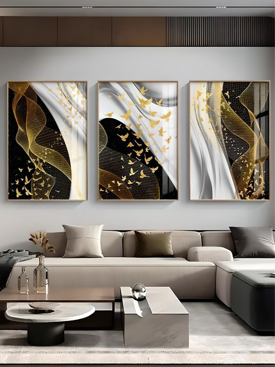 THE HANDMADE FLAIR White 3 Pieces Abstract Birds Flowing Painting Wall Arts-image-4