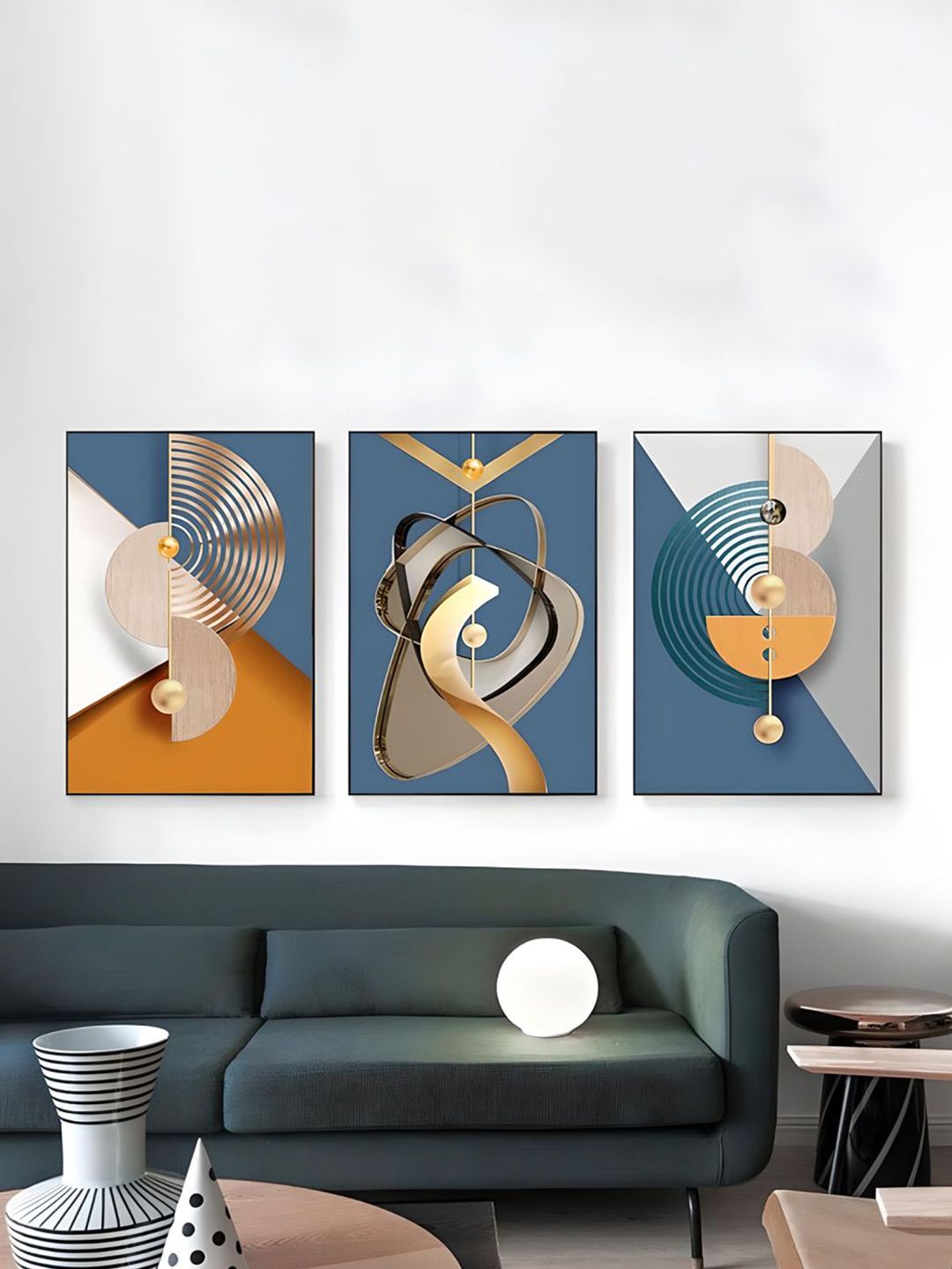 THE HANDMADE FLAIR Blue & Mustard 3 Pieces Abstract Printed Wooden Wall Arts-image-7