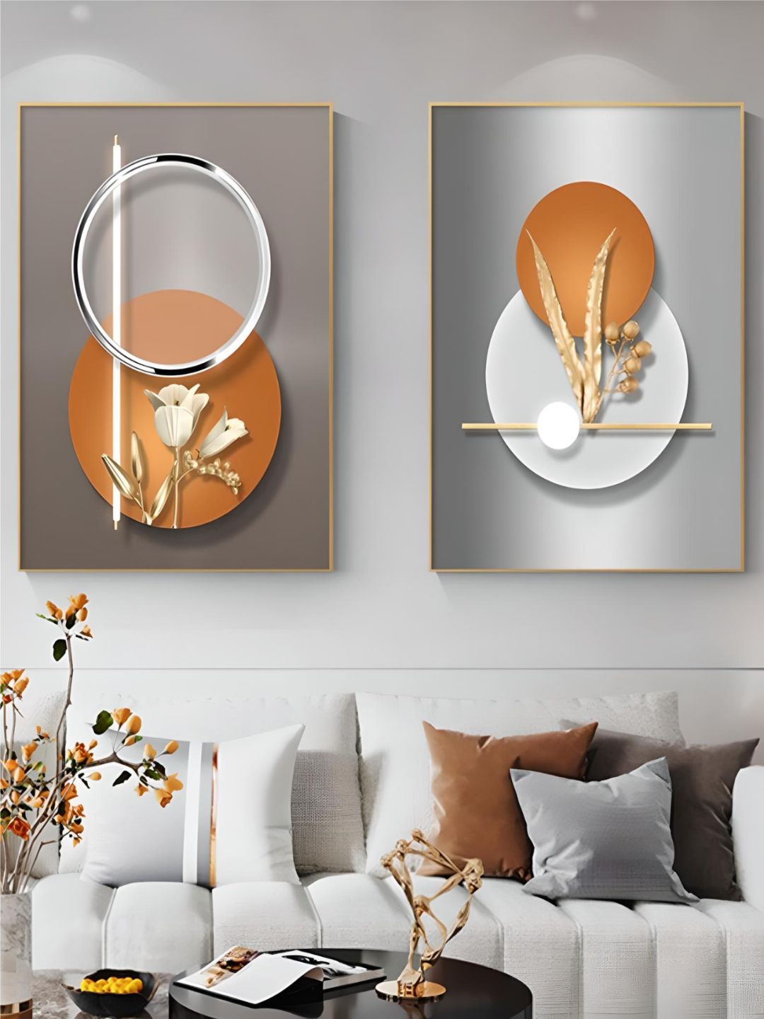 THE HANDMADE FLAIR Grey & Orange 2 Pieces Wooden Abstract Painting Wall Art-image-26