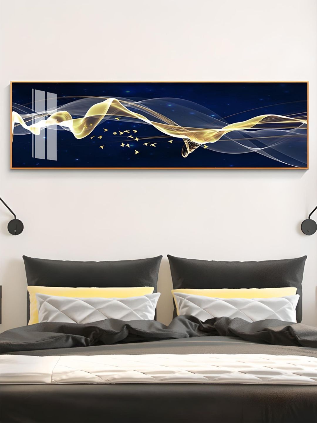 THE HANDMADE FLAIR Navy Blue & Gold Toned Abstract Flowing Wide Format Wall Art-image-36