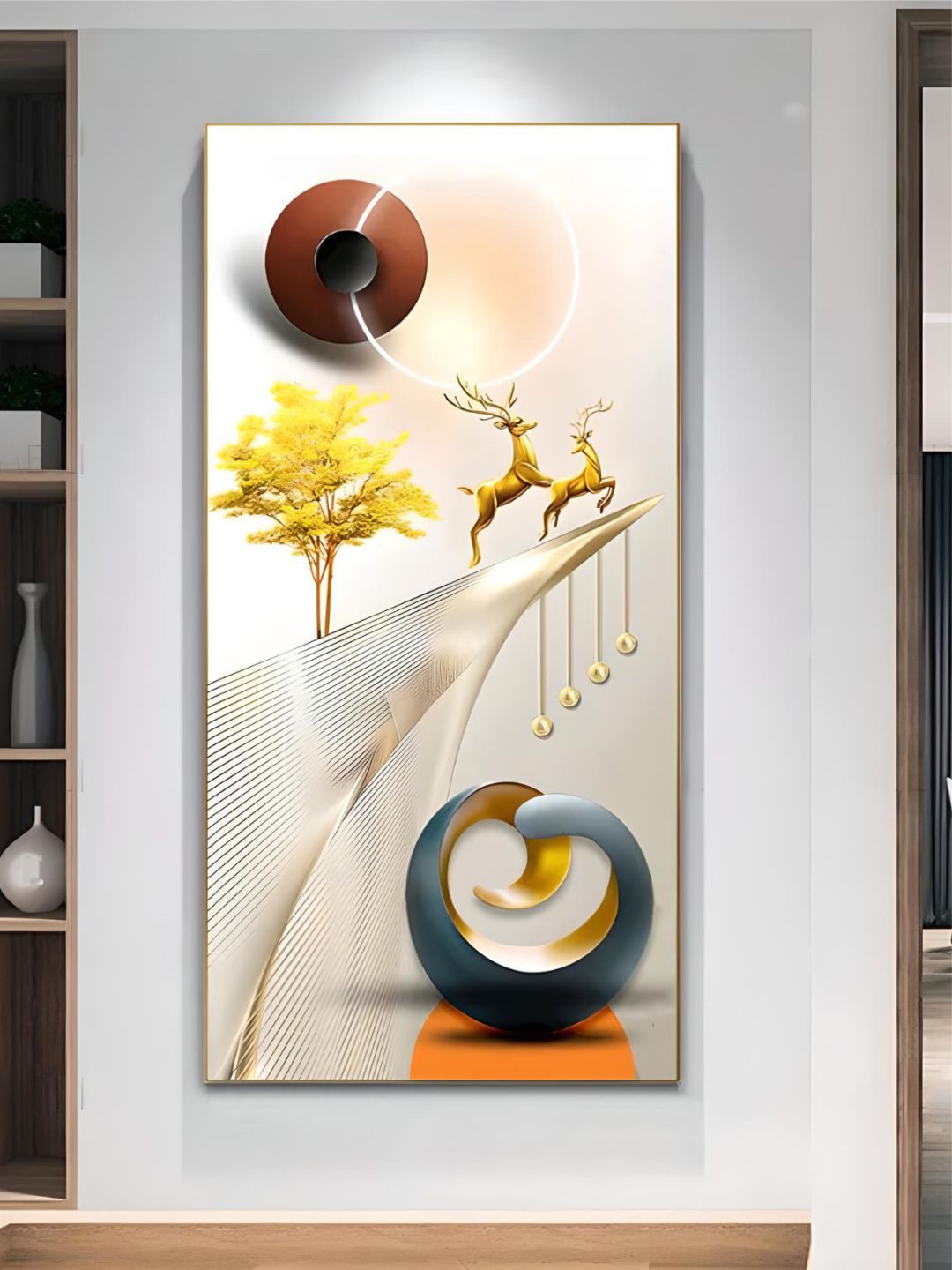 THE HANDMADE FLAIR Gold Toned Deer Geometrical Landscape Auspicious Abstract Wall Art-image-5