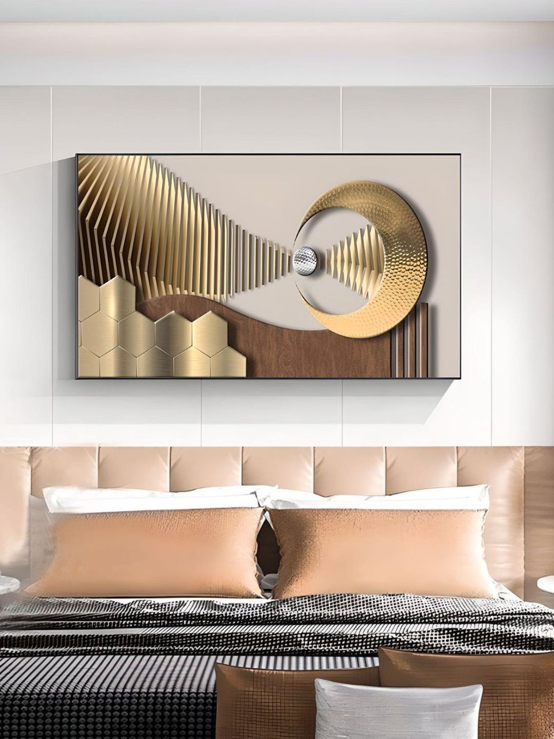 THE HANDMADE FLAIR Gold Toned & Beige Wooden Framed Canvas Painting Wall Art-image-22