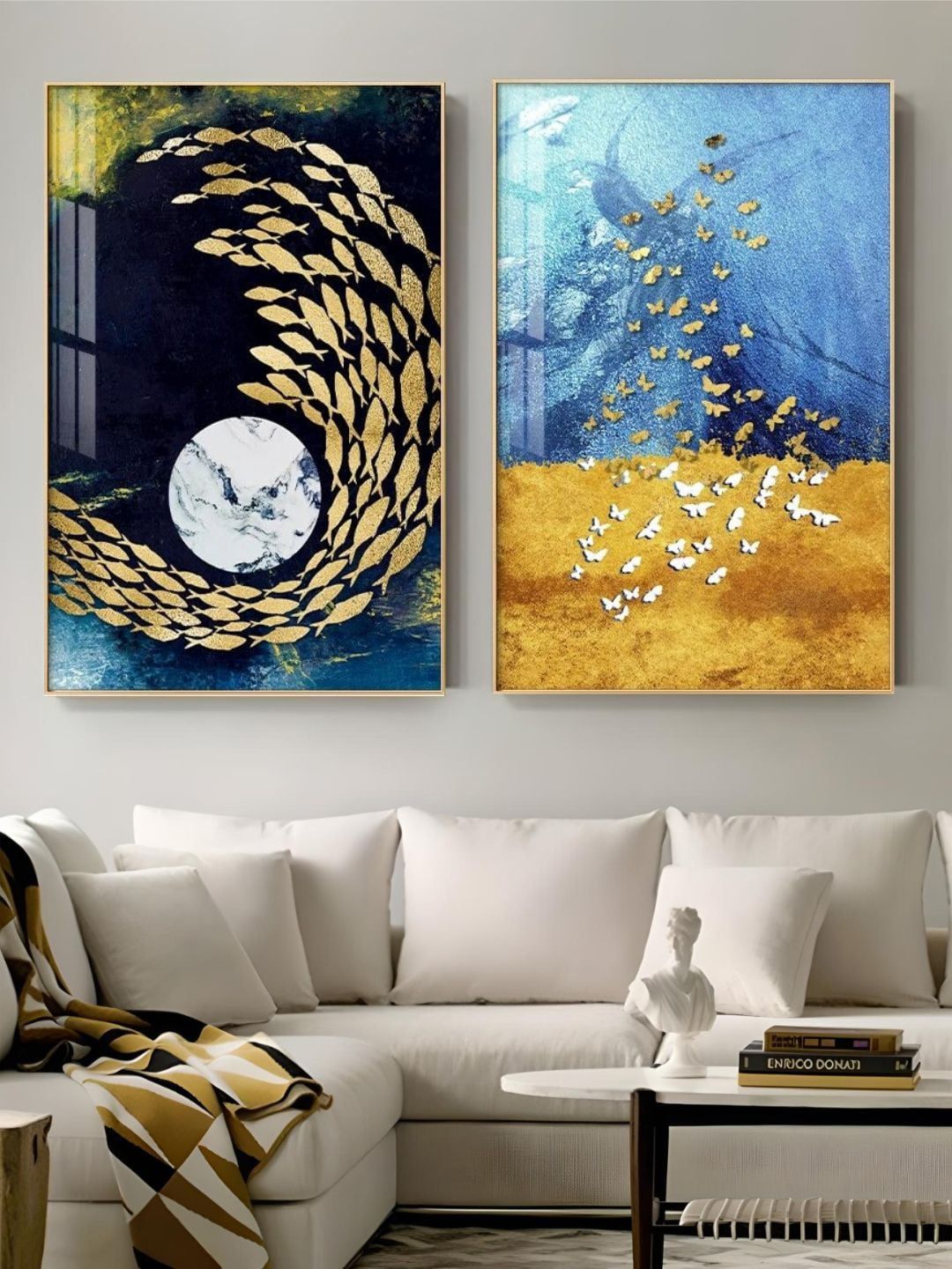 THE HANDMADE FLAIR Blue & Yellow 2 Pieces Abstract Printed Wooden Wall Art-picture-50