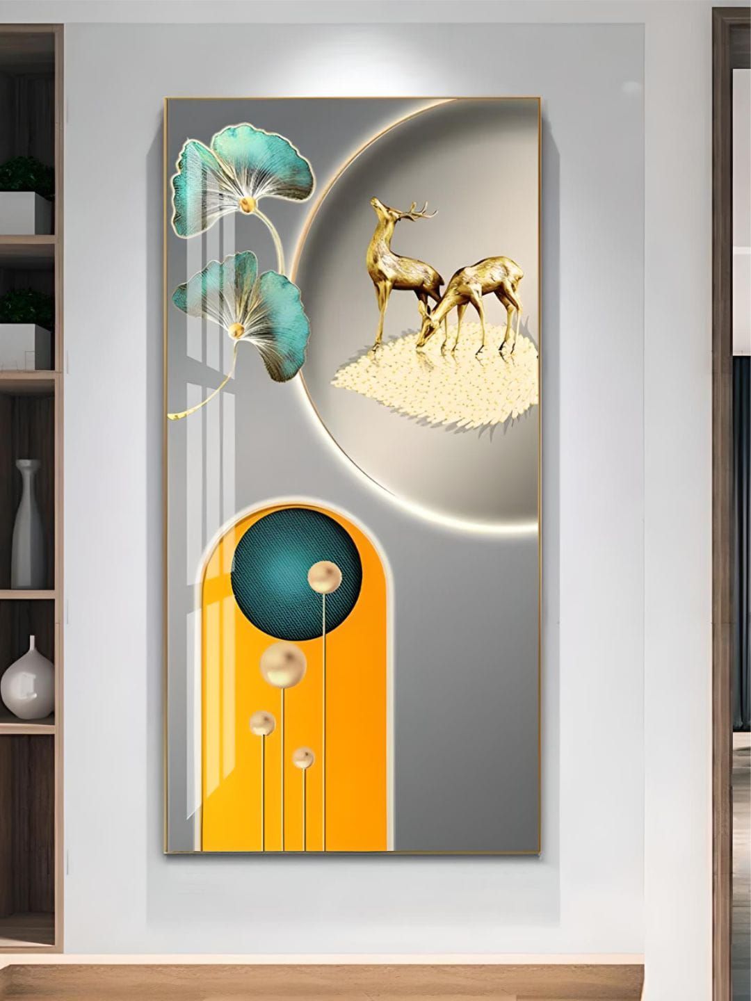 THE HANDMADE FLAIR Grey & Gold Toned Deer Geometrical Landscape Abstract Wall Art-image-0