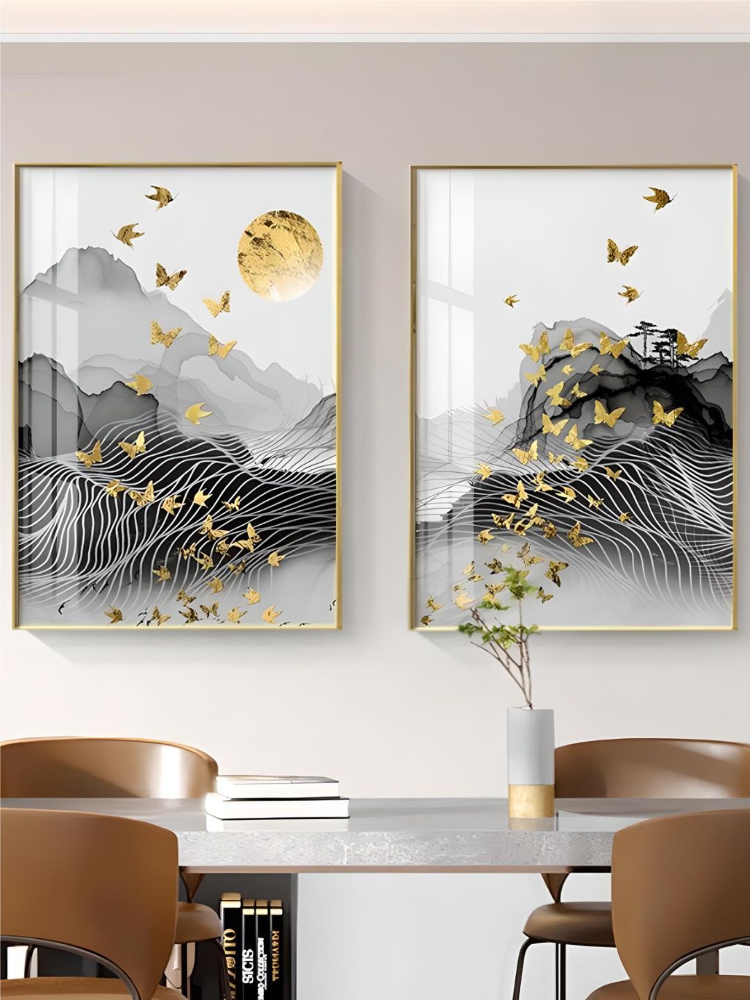 THE HANDMADE FLAIR 2 Pcs White & Black Abstract Flowing Landscape Framed Painting Wall Art-image-36