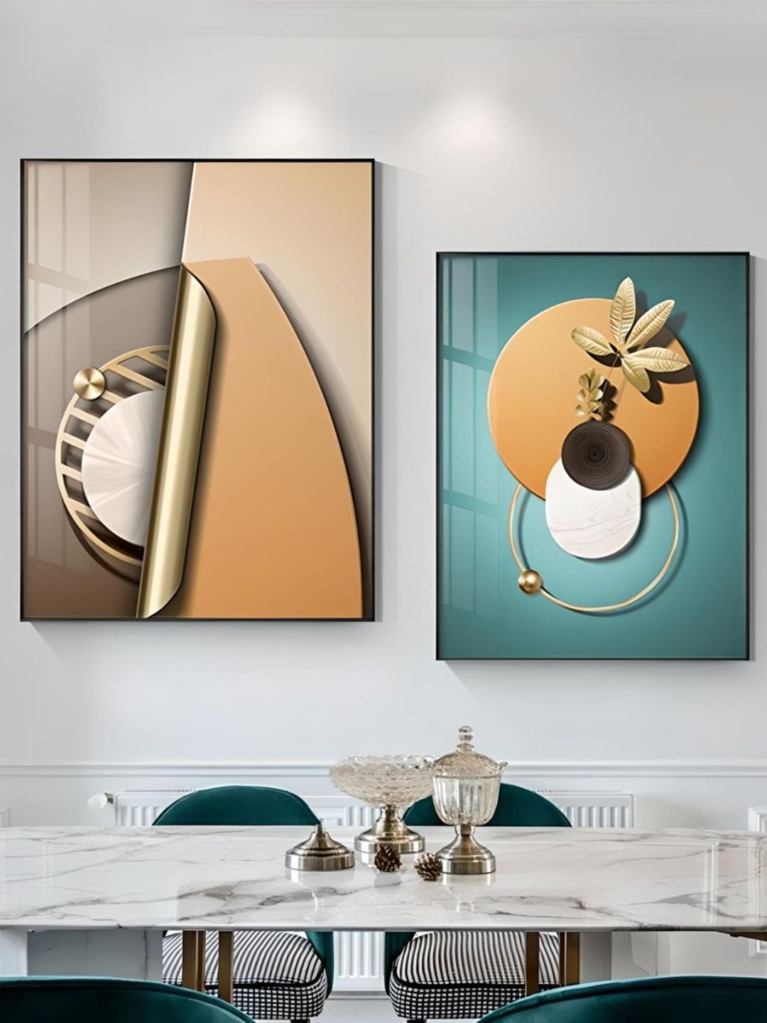 THE HANDMADE FLAIR Turquoise Blue & Brown 2 Pcs Abstract Framed Painting Wall Art-image-6