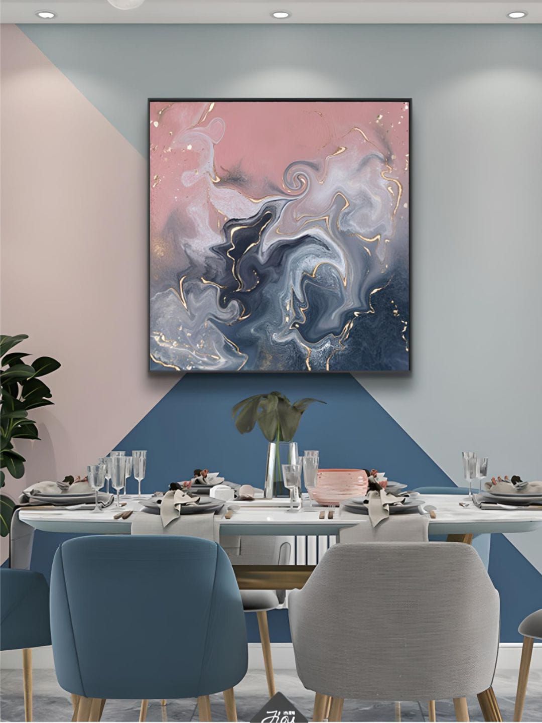 THE HANDMADE FLAIR Pink & Grey Abstract Liquid Marble Canvas Wall Art-image-44