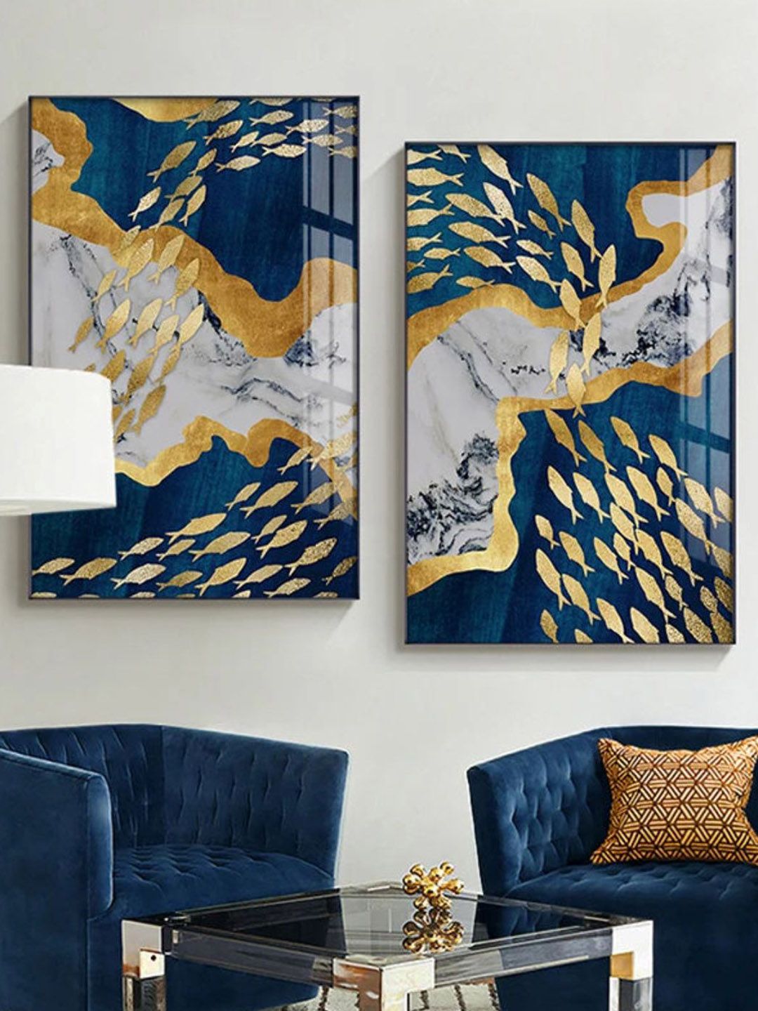 THE HANDMADE FLAIR Set of 2 Auspicious Golden Fish In The Deep Blue Painting Wall Art-image-21