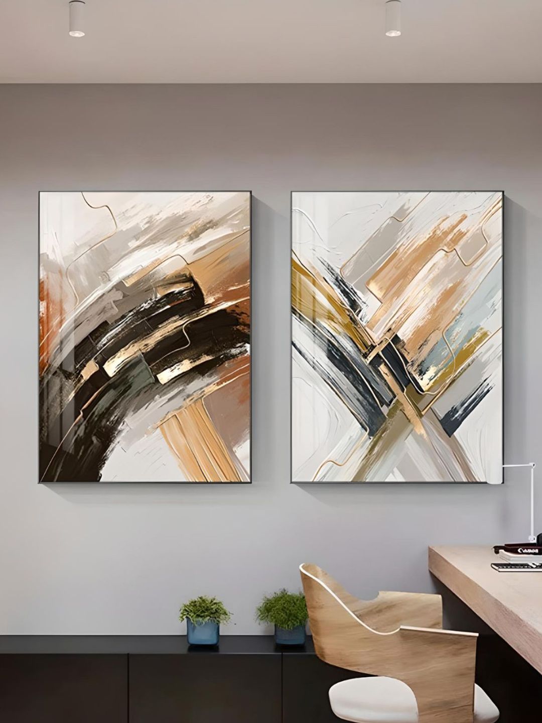 THE HANDMADE FLAIR White & Beige 2 Piece Wooden Abstract Wall Paintings-picture-34