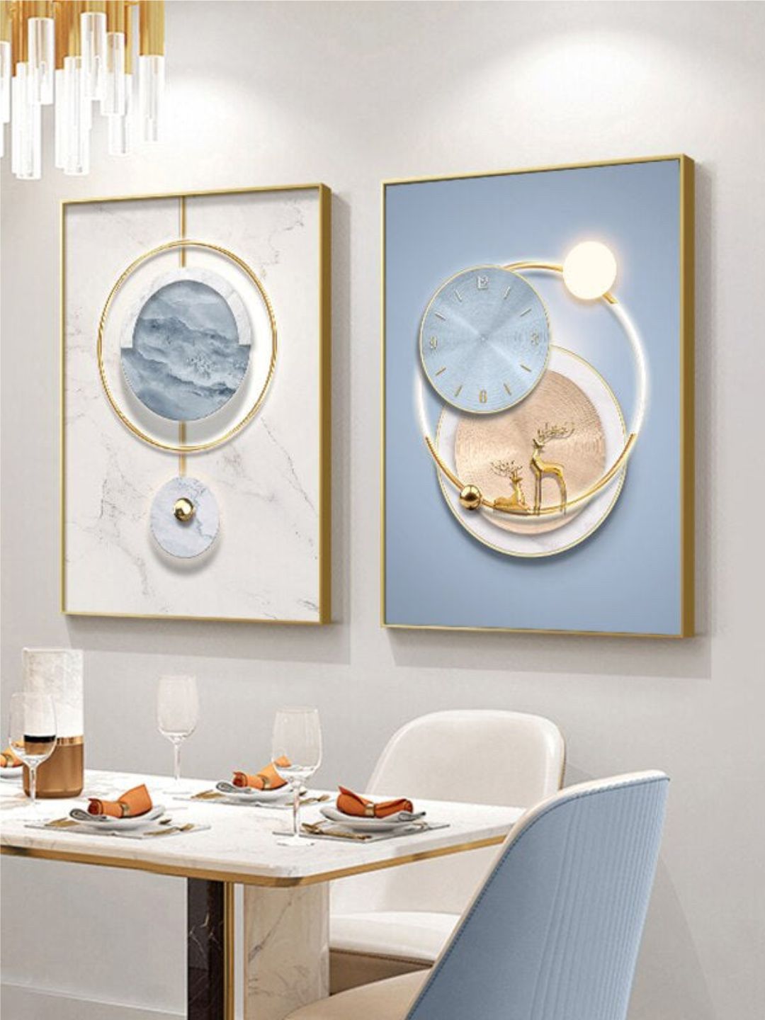 THE HANDMADE FLAIR Beige & Blue 2 Piece Wood Circle Of Light Nordic Painting Wall Arts-image-1