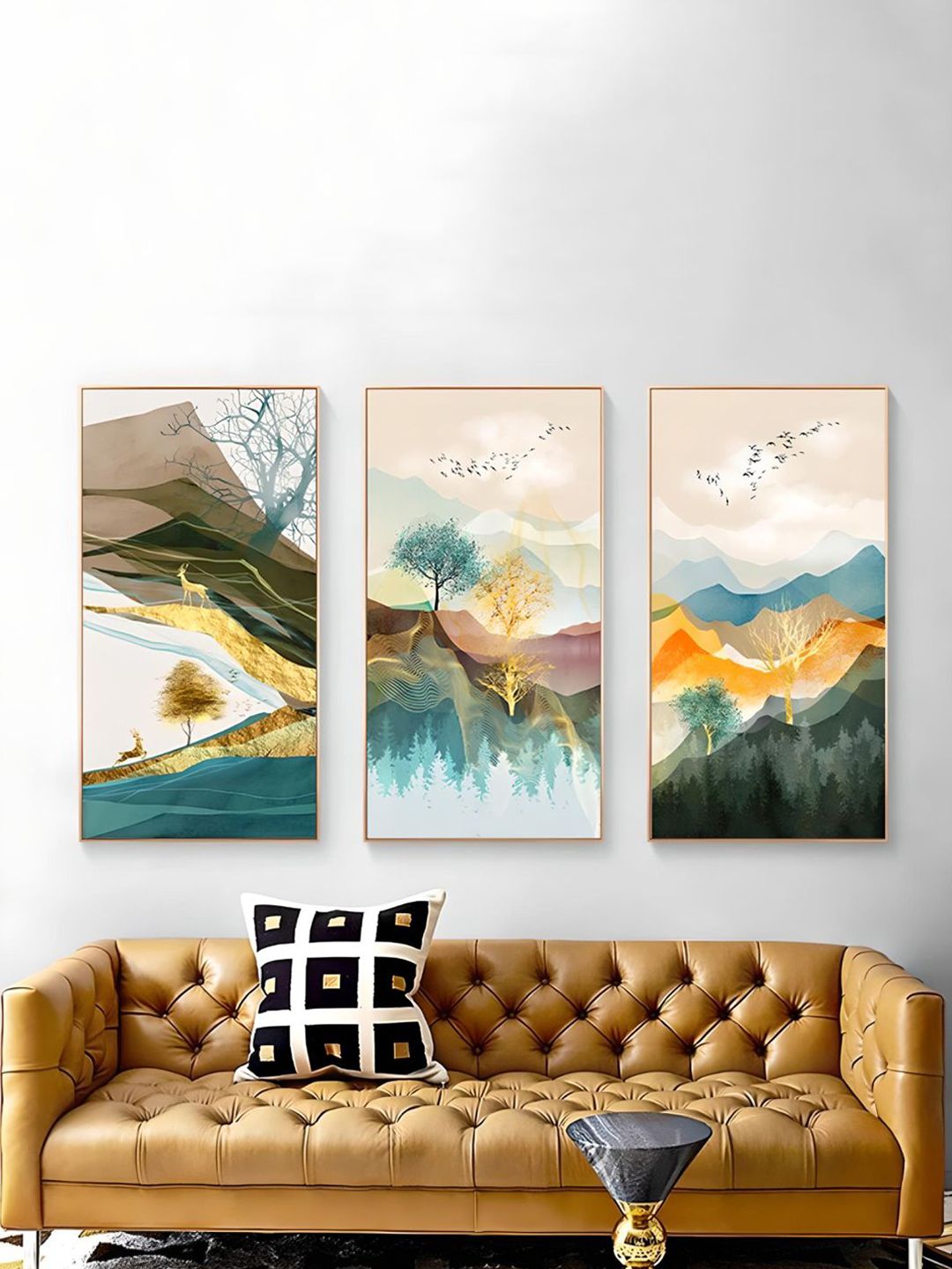 THE HANDMADE FLAIR Beige & Green 3 Pcs Abstract Landscape Wooden Framed Painting Wall Arts-image-9