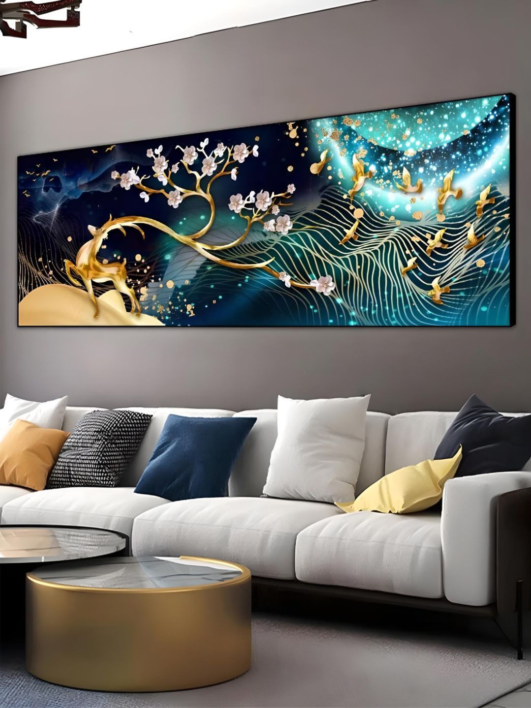 THE HANDMADE FLAIR Green & Gold-Toned Wood Golden Deer Painting Wall Arts-image-20