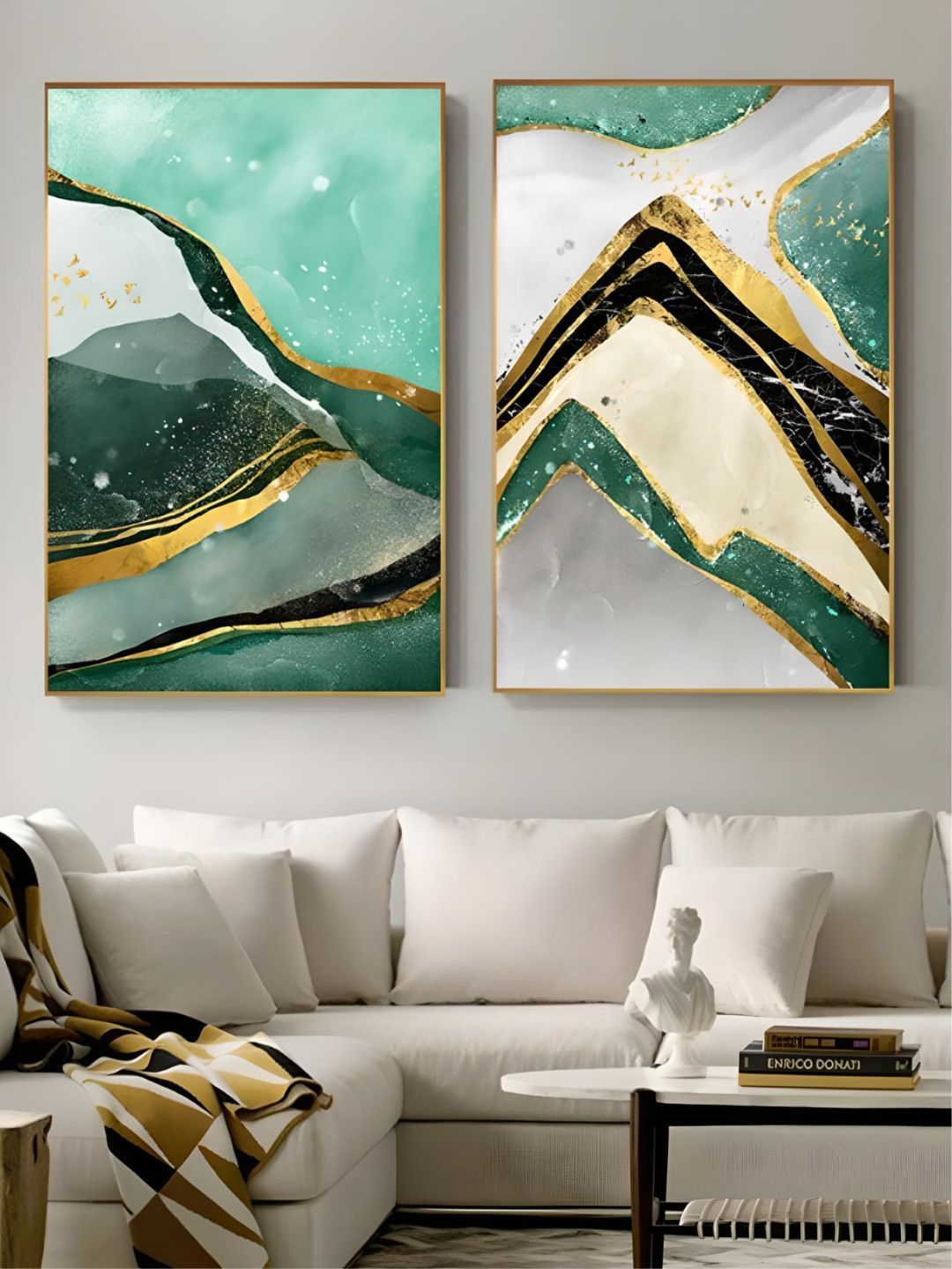 THE HANDMADE FLAIR 2 Pcs Green & Beige Marble Framed Painting Wall Art-image-1