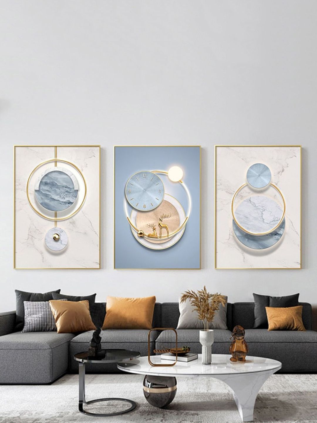 THE HANDMADE FLAIR 3 Pcs Blue & White Abstract Framed Painting Wall Art-image-39