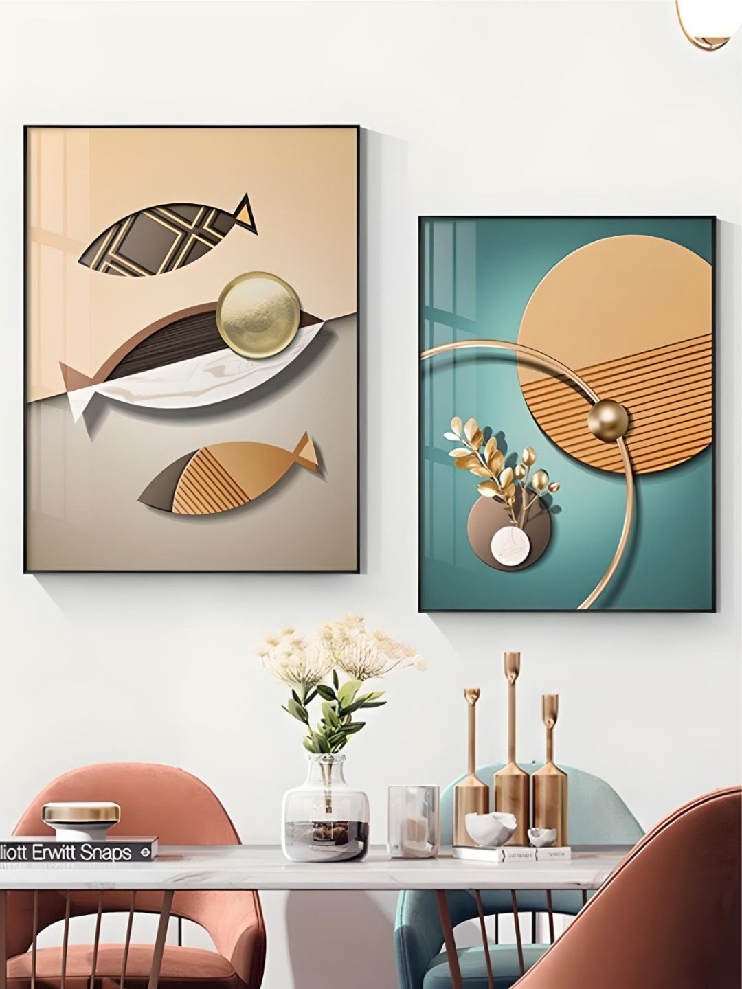 THE HANDMADE FLAIR Green & Brown 2 Pieces Abstract Printed Wooden Wall Arts-picture-45