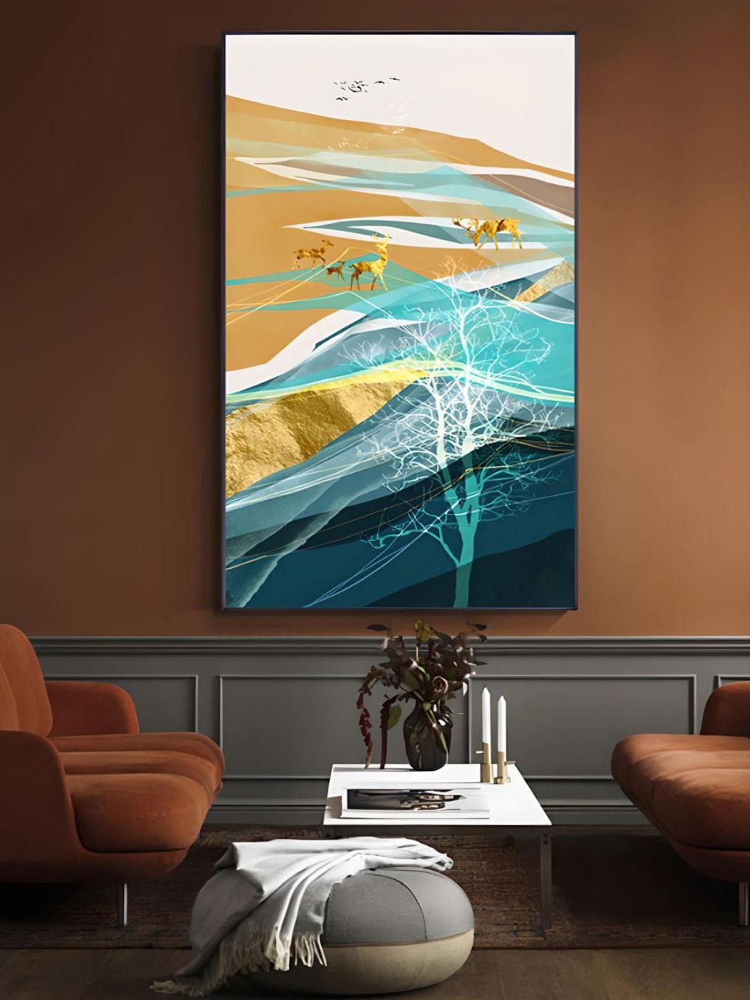 THE HANDMADE FLAIR Bronze & Teal Realm Of The Golden Stag Abstract Landscape Wall Art-image-4