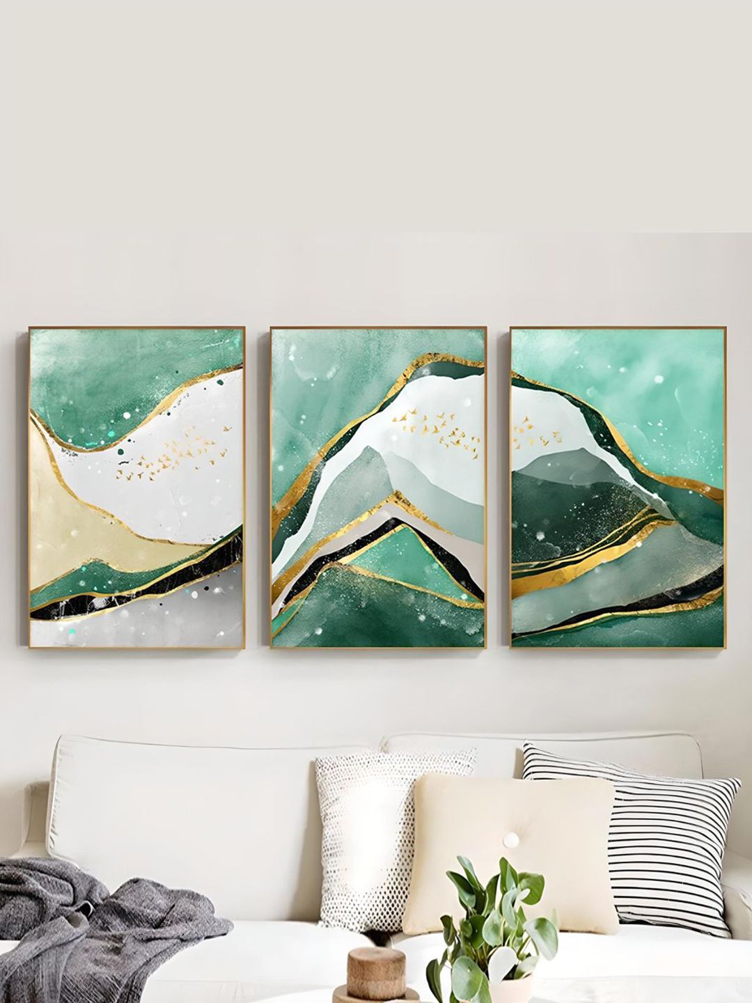 THE HANDMADE FLAIR 3 Pcs Green & White Abstract Framed Painting Wall Art-image-37