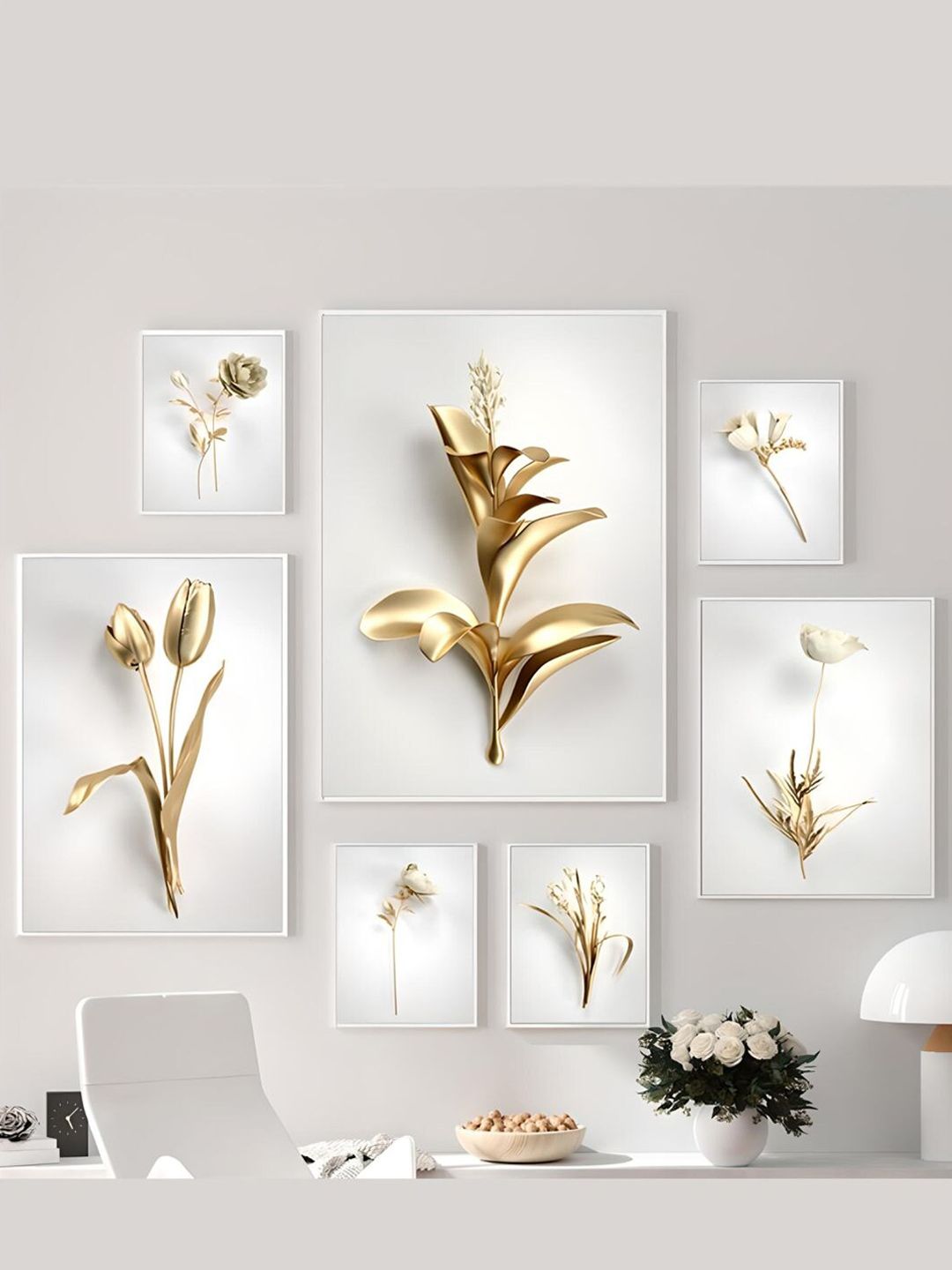 THE HANDMADE FLAIR Grey & Gold-Toned 7 Piece Wood Floral & Botanical Painting Wall Arts-picture-11