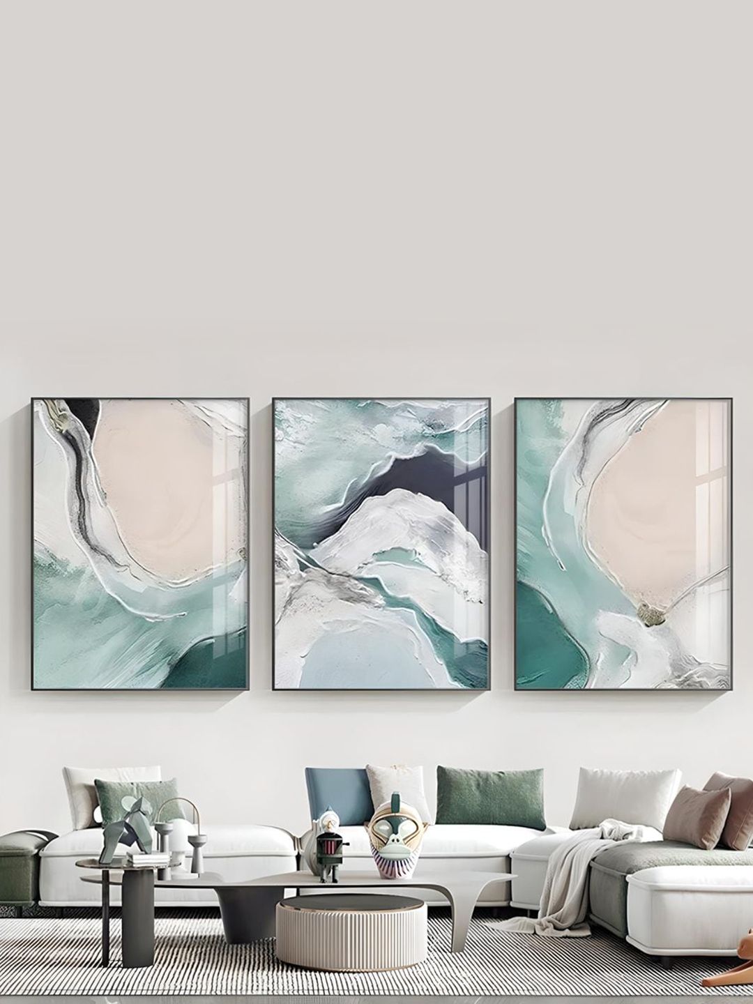 THE HANDMADE FLAIR 3 Pcs Beige & Green Ocean Framed Painting Wall Art-image-8