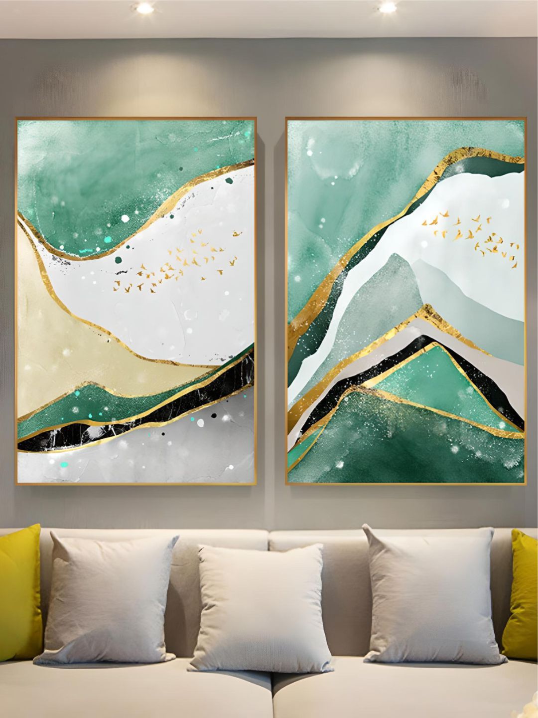 THE HANDMADE FLAIR 2 Pcs Green & Grey Abstract Framed Painting Wall Art-image-4