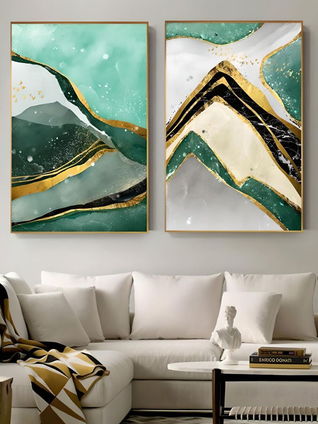 THE HANDMADE FLAIR Green & Cream 2 Pieces Wooden Abstract Painting Wall Arts-image-35
