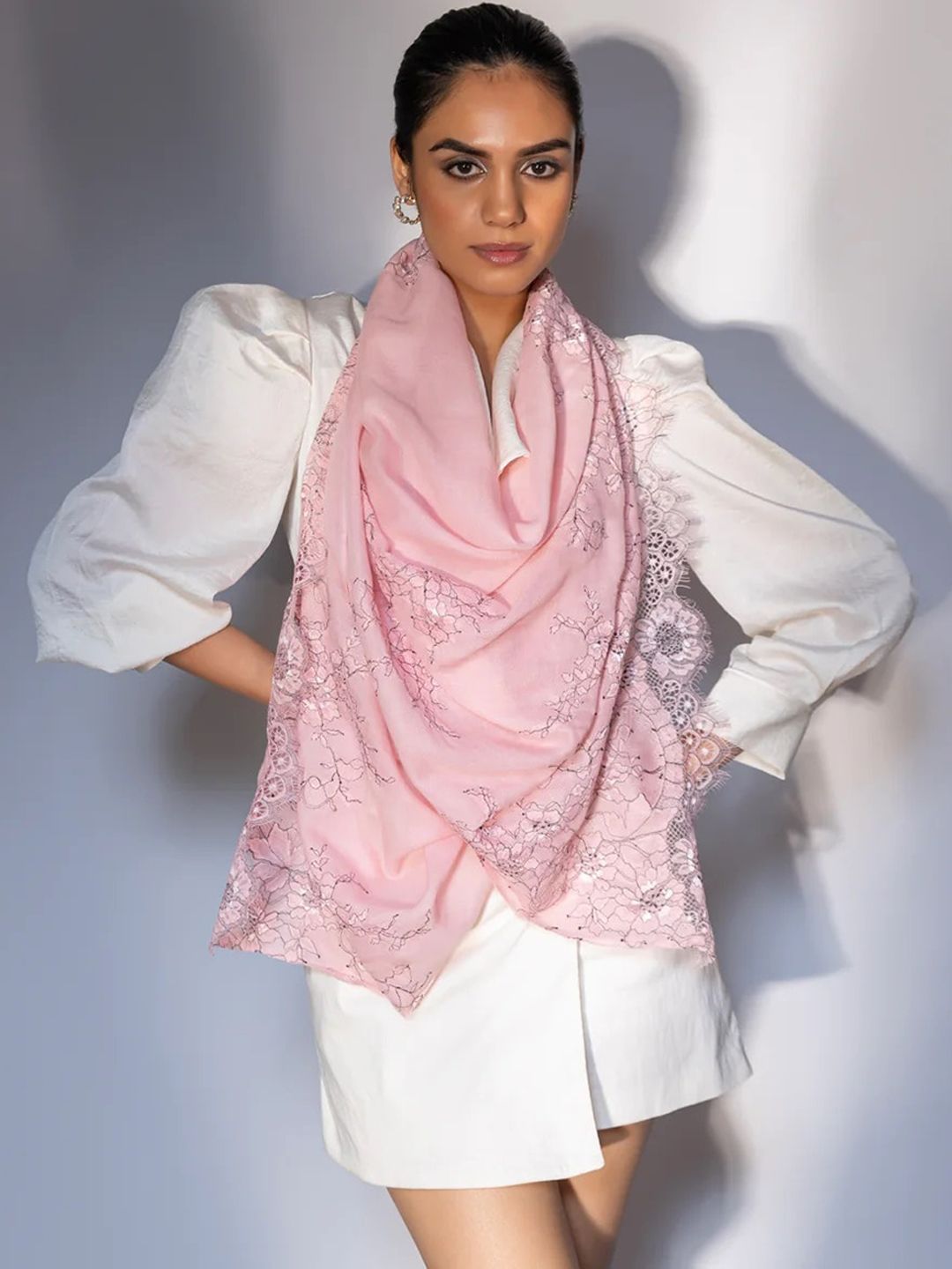 MODARTA Floral Printed Delicate Lace Wool Shawl-image-8