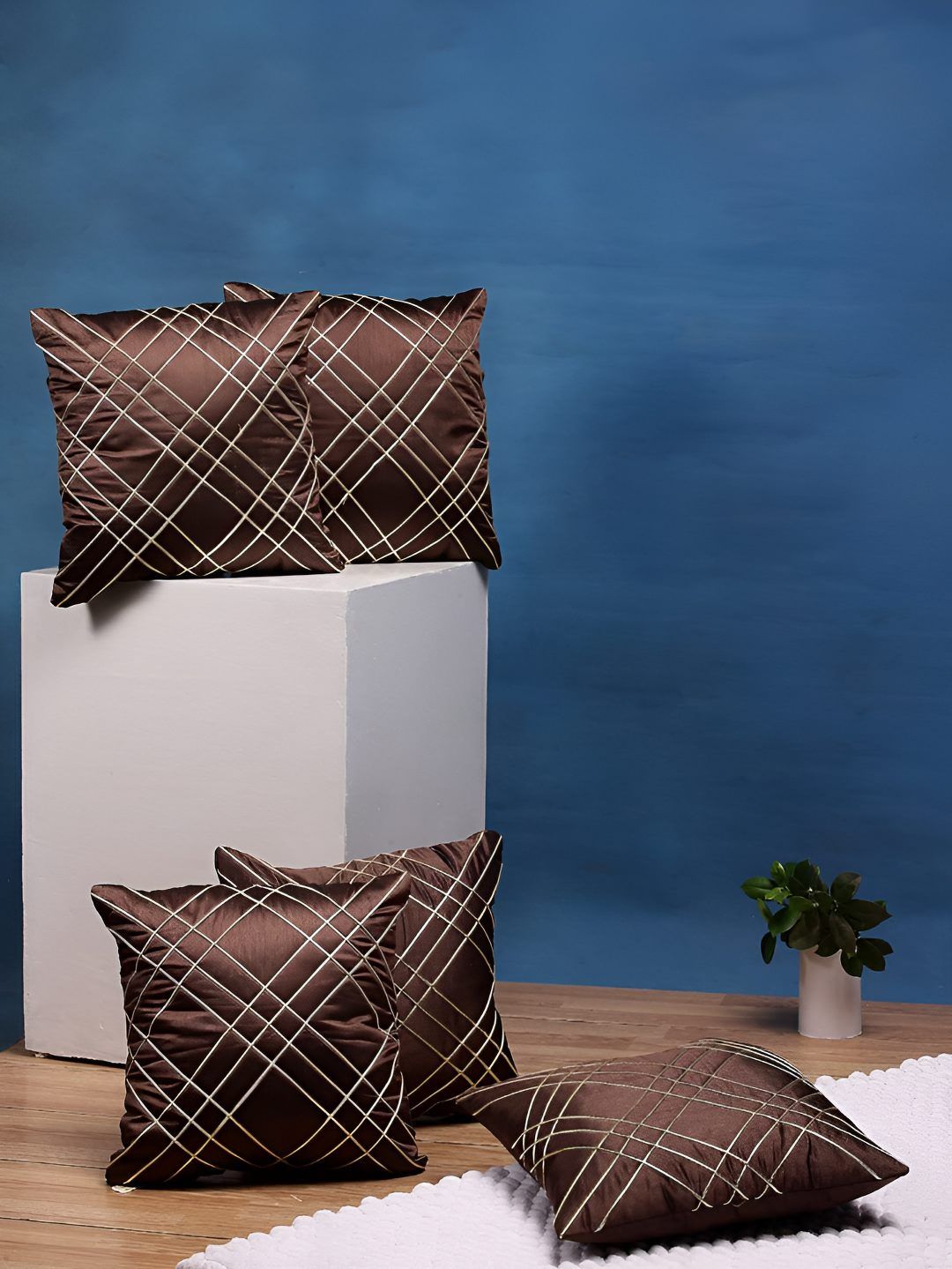 Stuff N' Fluff Brown & Gold Toned 5 Pieces Geometric Square Cushion Covers-picture-44