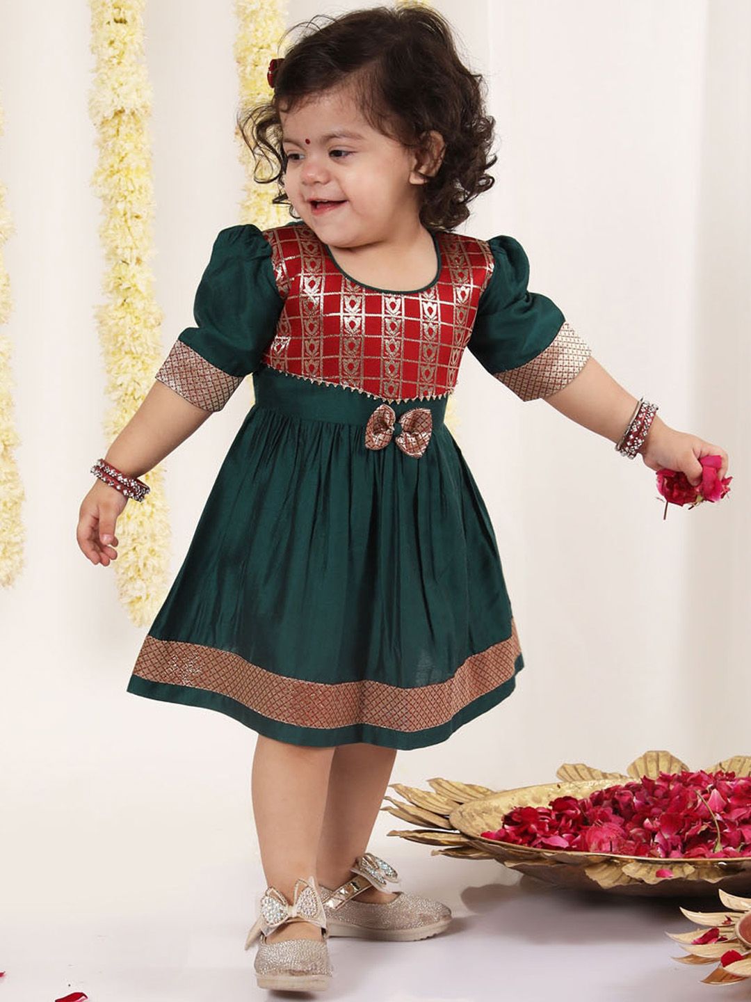 VASTRAMAY Infant Girls Self Design Bow Fit & Flare Ethnic Dress-picture-44