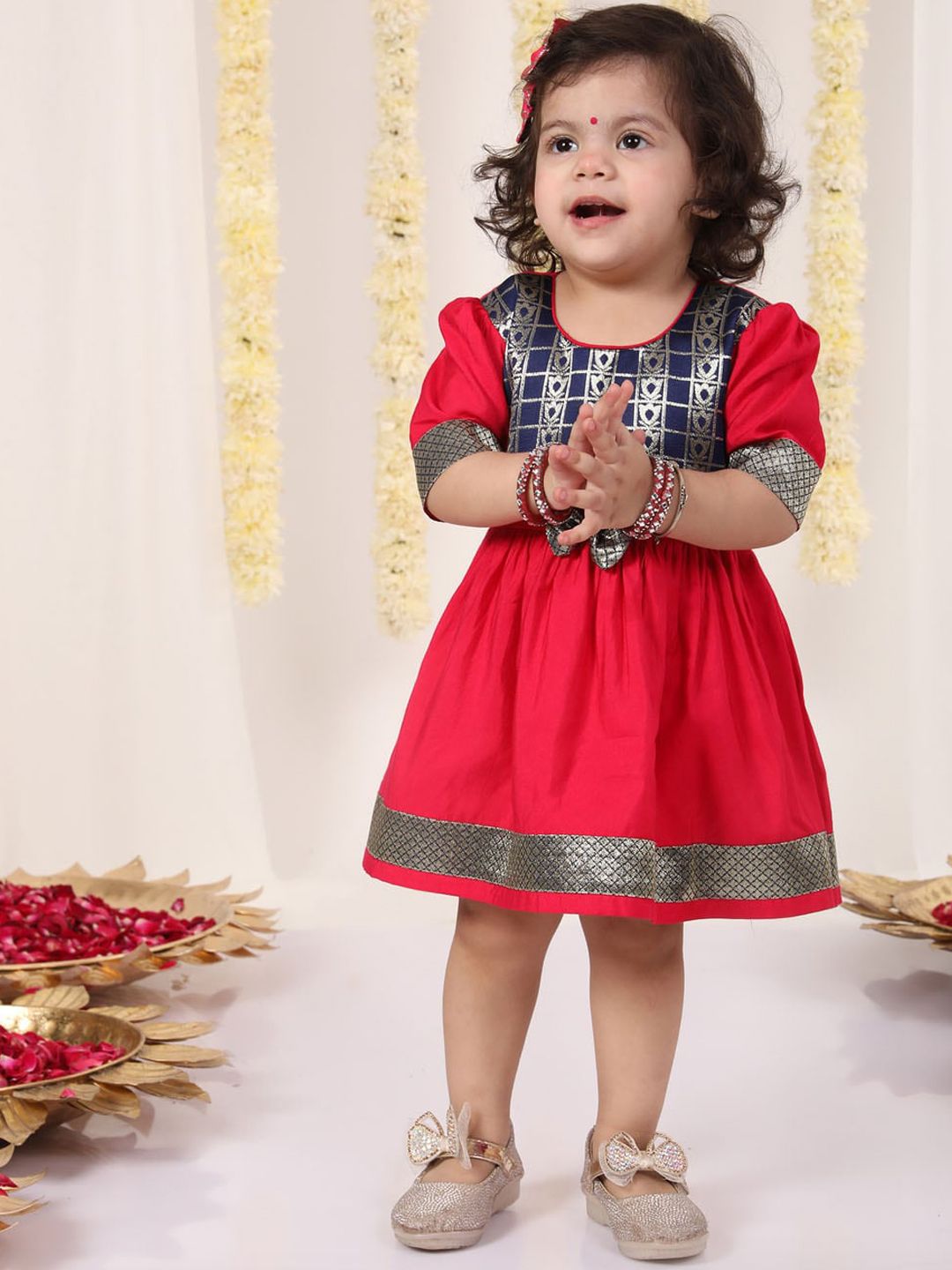 VASTRAMAY Infant Girls Self Design Bow Fit & Flare Ethnic Dress-picture-43