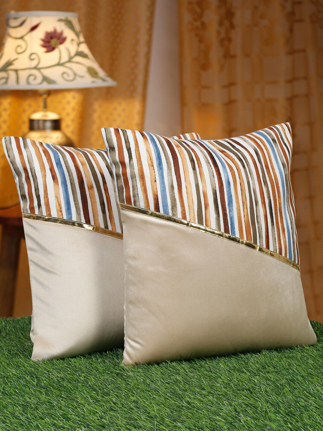 HOSTA HOMES Beige & Blue 2 Pieces Striped Velvet Square Cushion Covers-picture-15