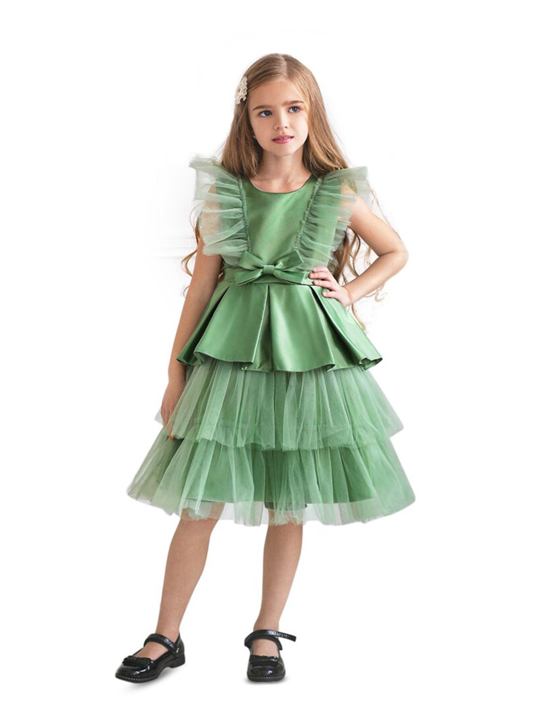 StyleCast Green Girls Flutter Sleeve Bow Layered Fit & Flare Dress-picture-18