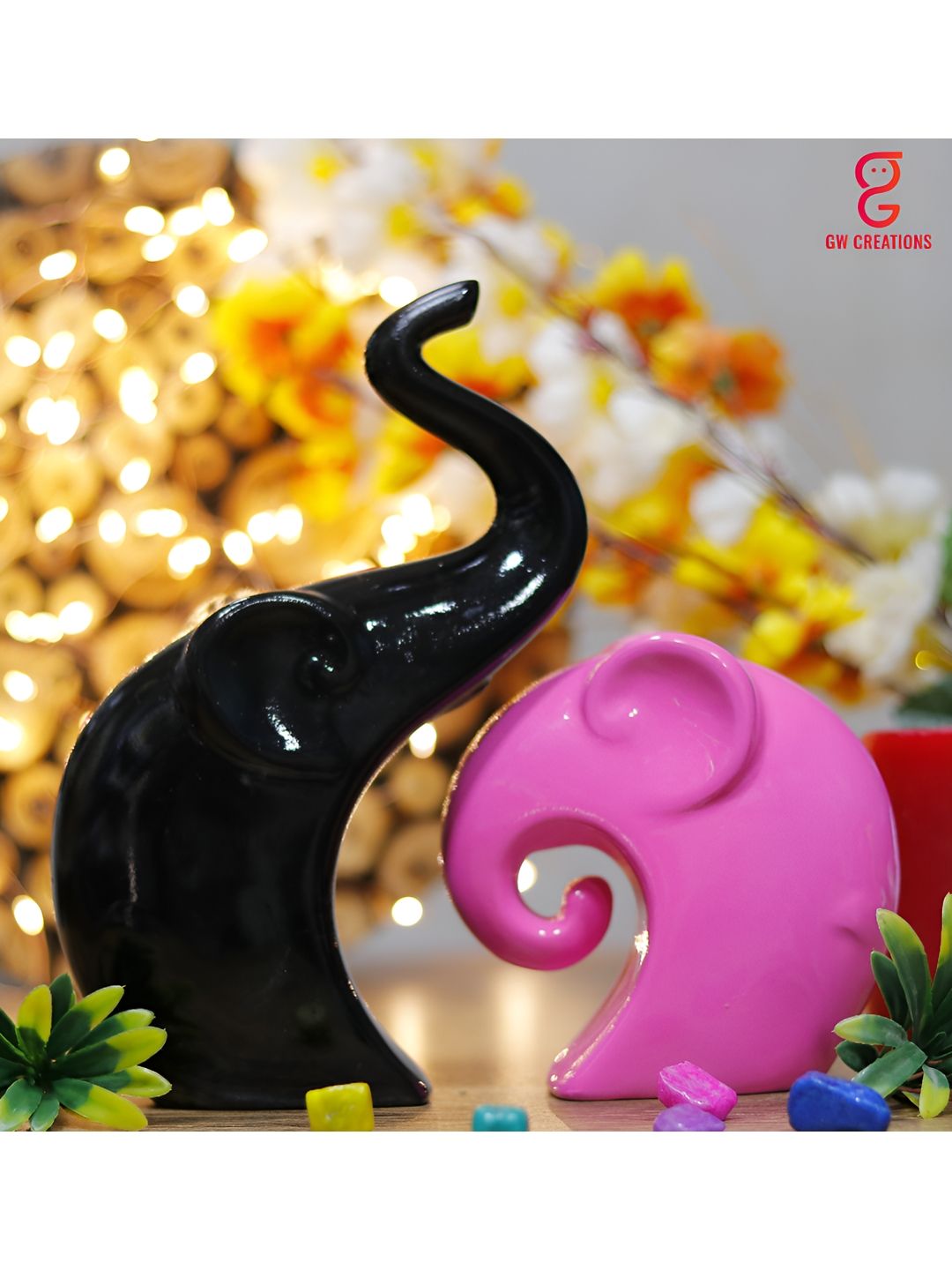 GW CREATIONS Black & Pink 2 Pieces Elephant Glossy Finished Showpiece-picture-10
