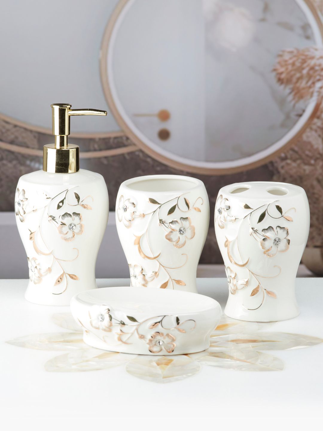 Kookee White 4 Pieces Abstract Ceramic Bath Accessories Set-picture-42