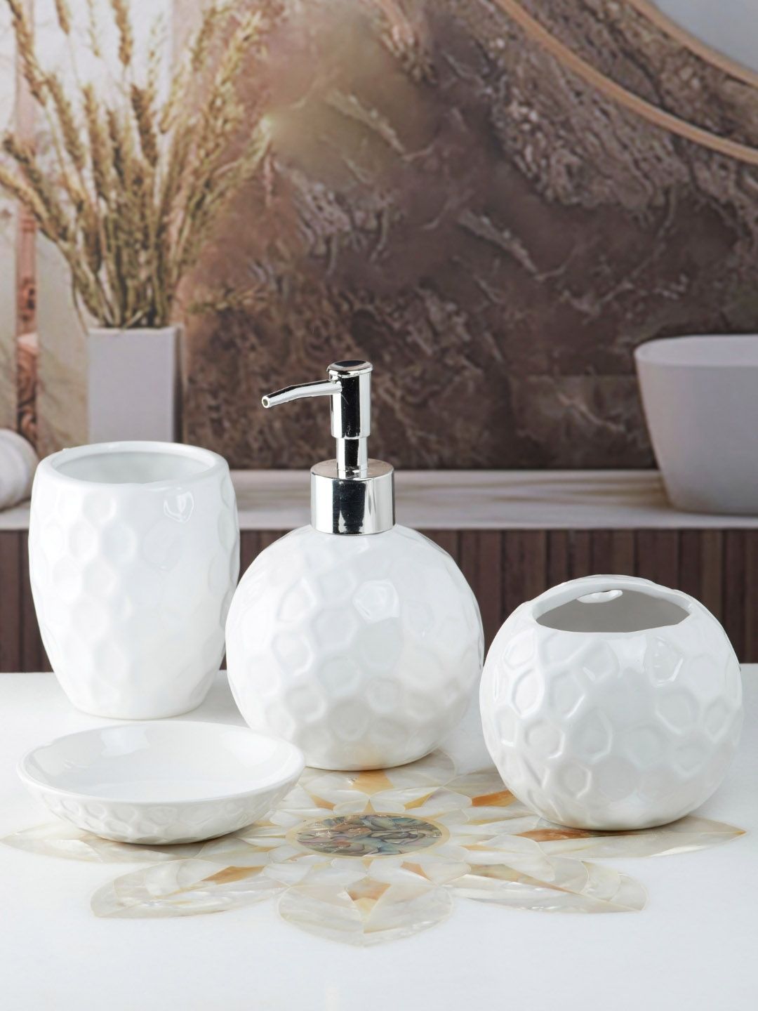 Kookee White 4 Pieces Abstract Ceramic Bath Accessories Set-picture-15