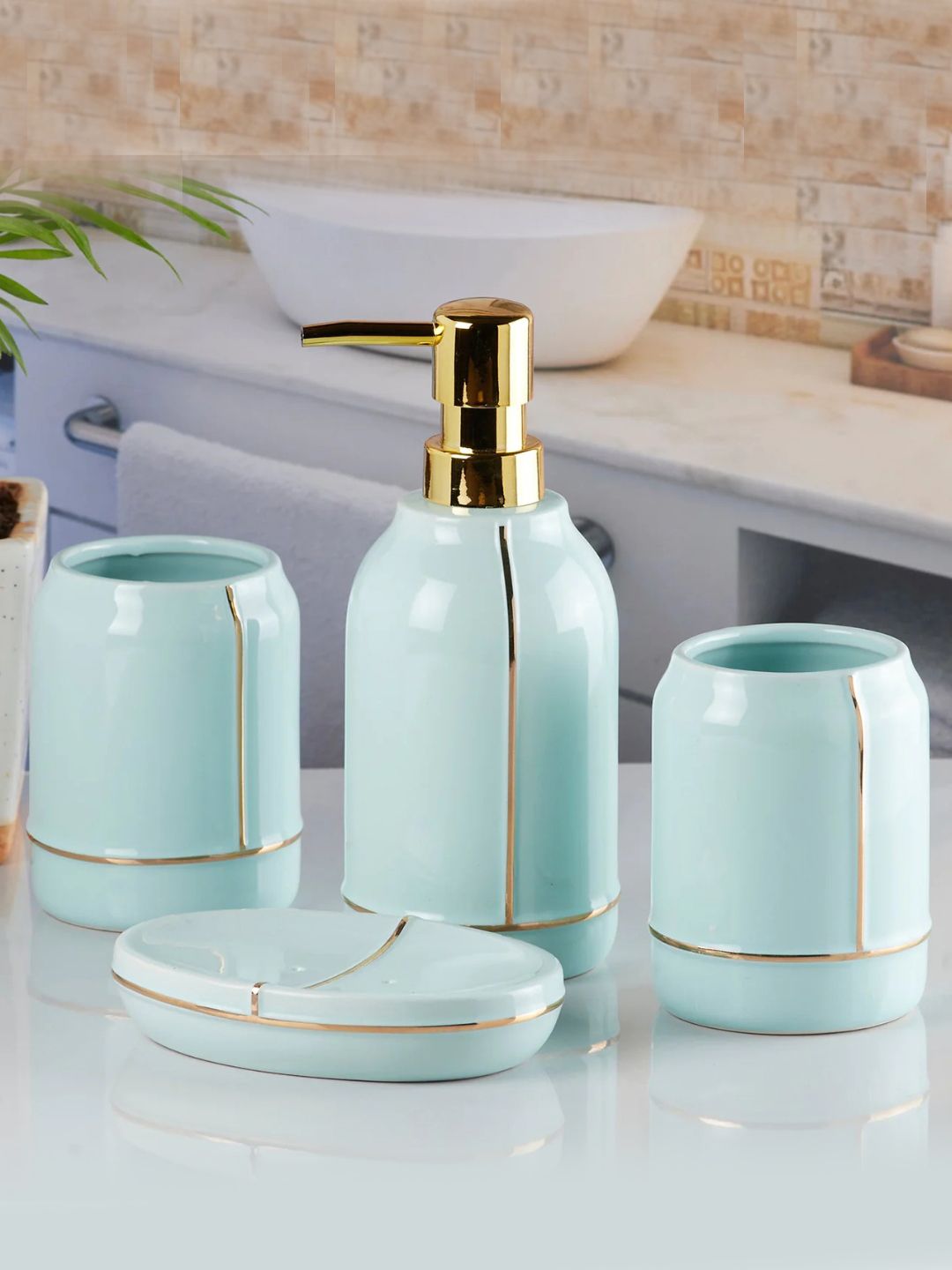Kookee Blue & Gold Toned 4 Pieces Ceramic Bath Accessories Set-picture-1