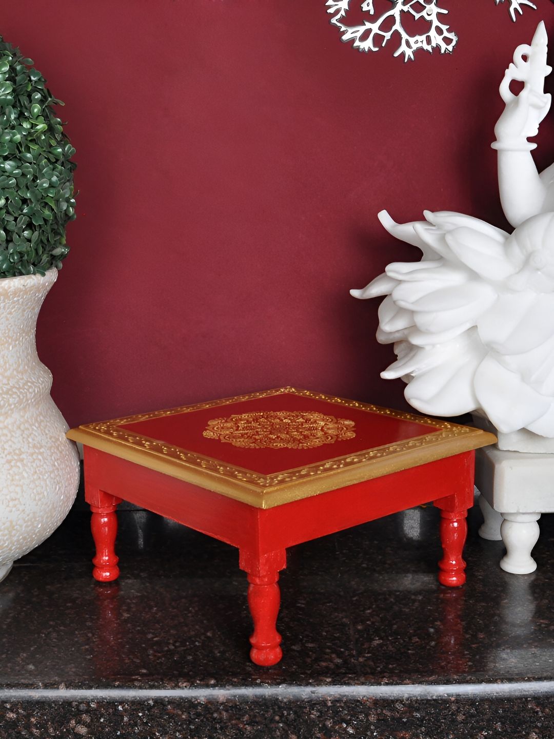 Lal Haveli Green & Gold Toned Wooden Small Pooja Stool Bajot Square Chowki-picture-22