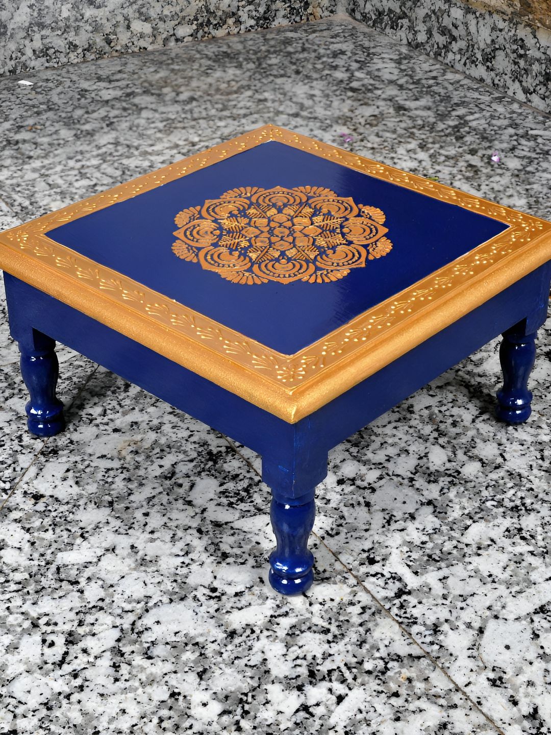 Lal Haveli Blue Printed Square Wooden Chowkie-picture-17