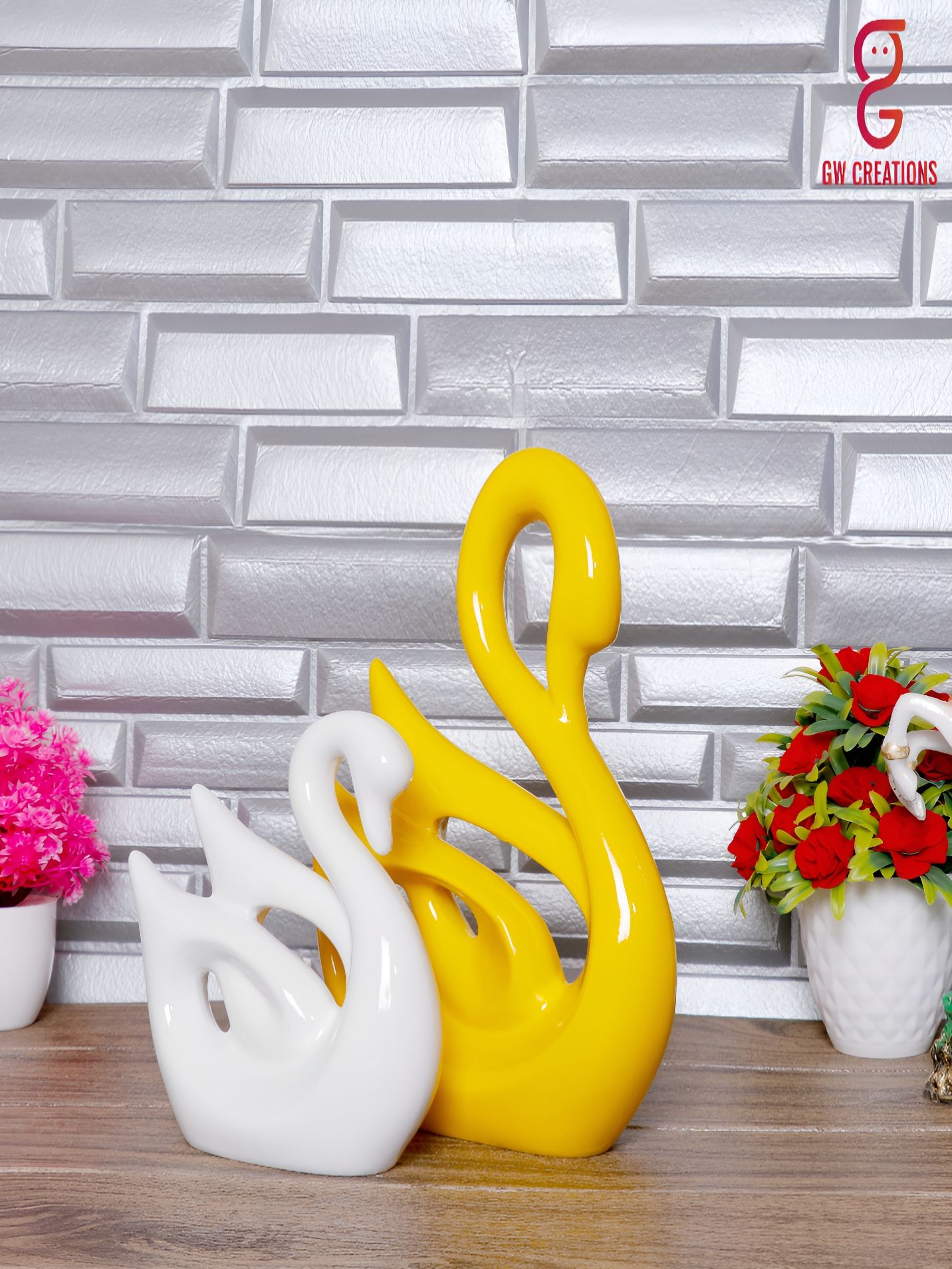 GW CREATIONS Yellow & White 2 Pieces Birds Figurine Showpieces-picture-33