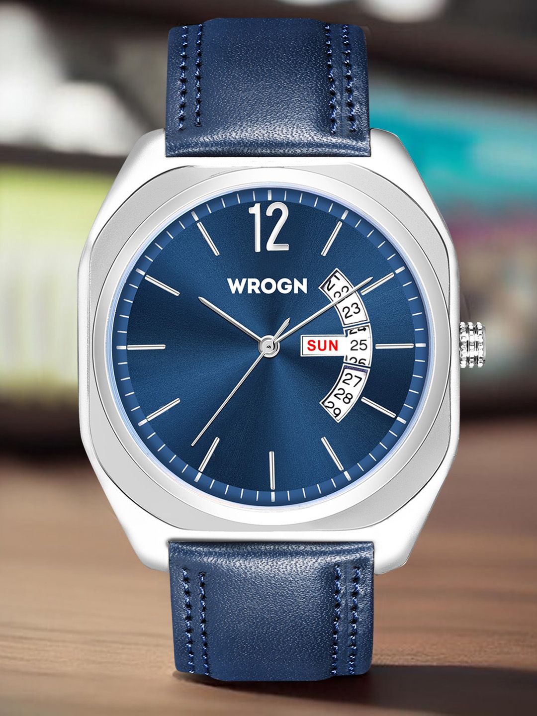 WROGN Men Textured Dial & Leather Straps Analogue Watch WR-6605-Blue-picture-10