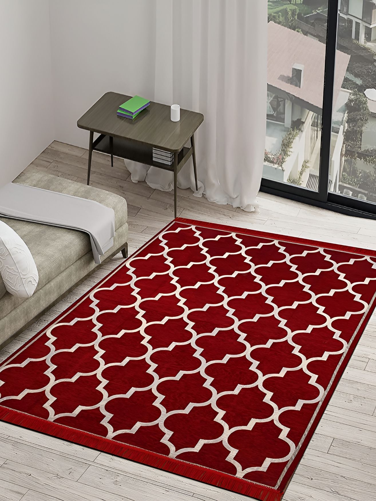 Sparrow world Maroon & White  & White Geometric Printed Velvet Carpet-picture-26