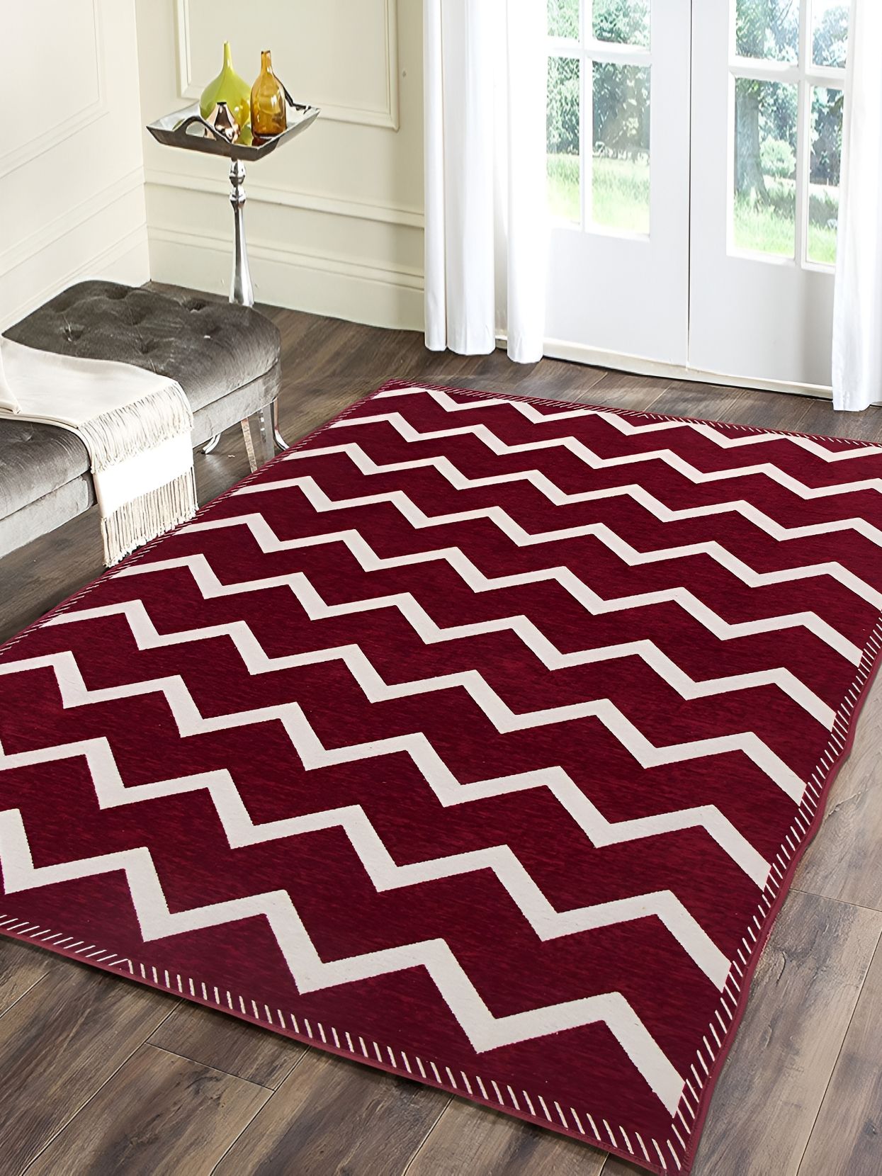 Sparrow world Maroon & White Printed Chennille Carpet-picture-15