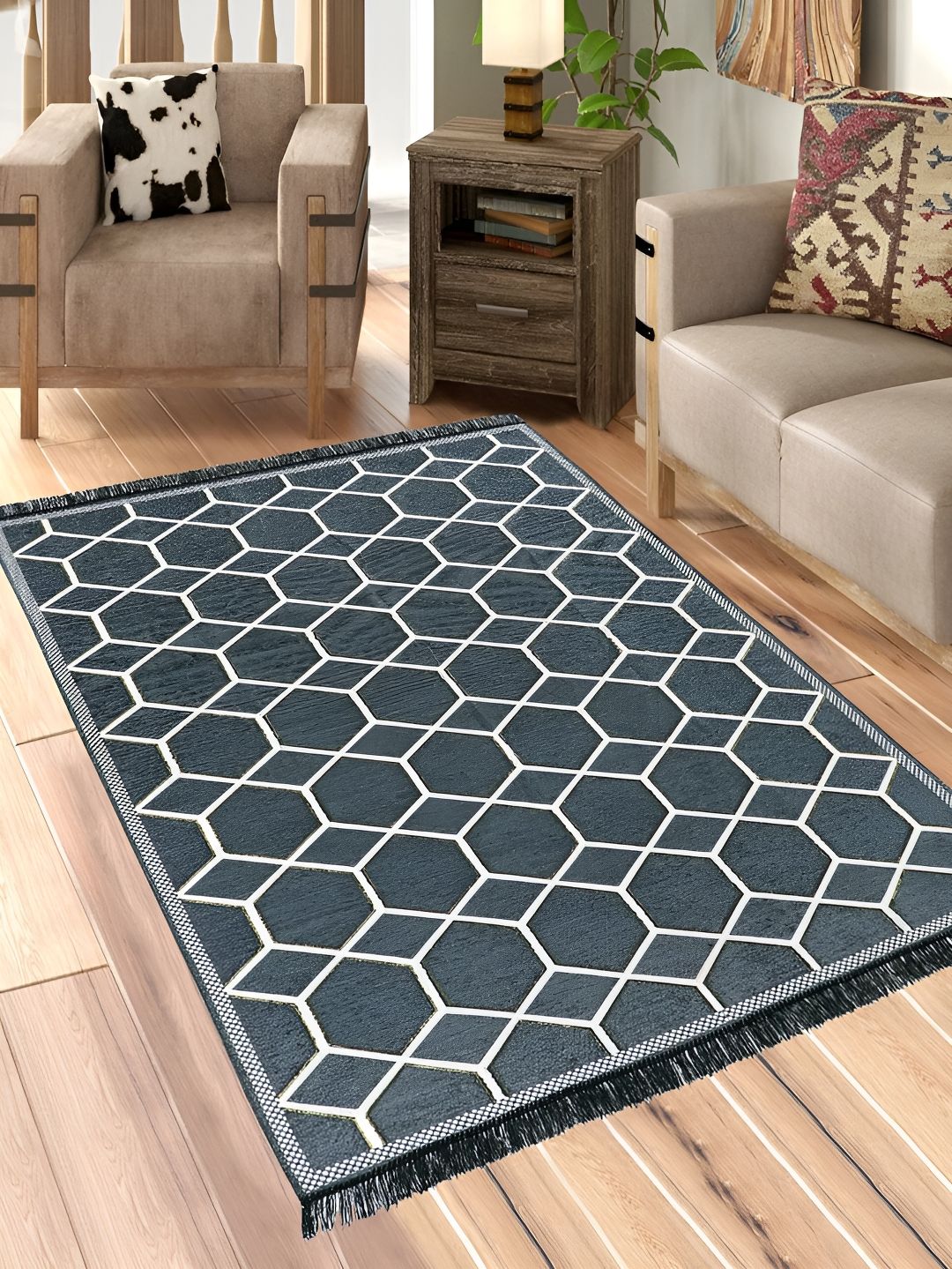Sparrow world Grey & White Printed Chennille Carpet-picture-29