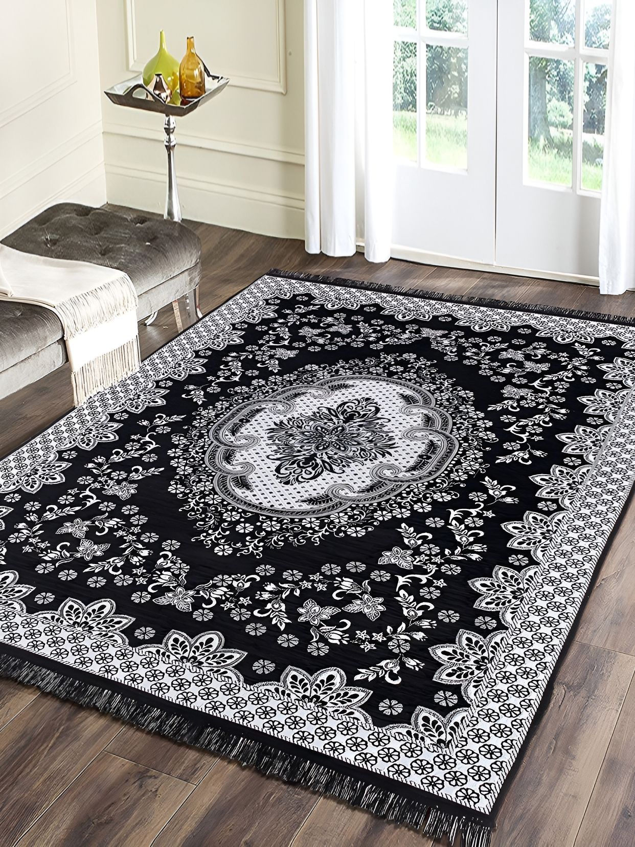 Sparrow world Black & White Ethnic Motifs Living Room Carpet-image-49