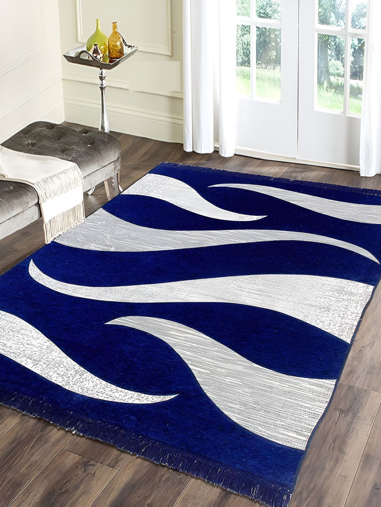 Sparrow world Blue & White Printed Chennille Carpet-picture-24