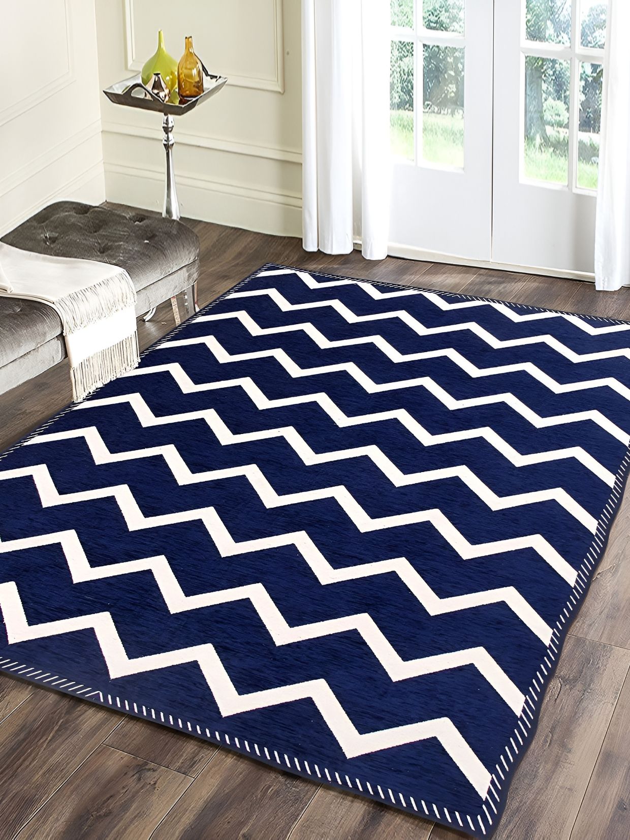 Sparrow world Blue & White Printed Chennille Carpet-picture-19
