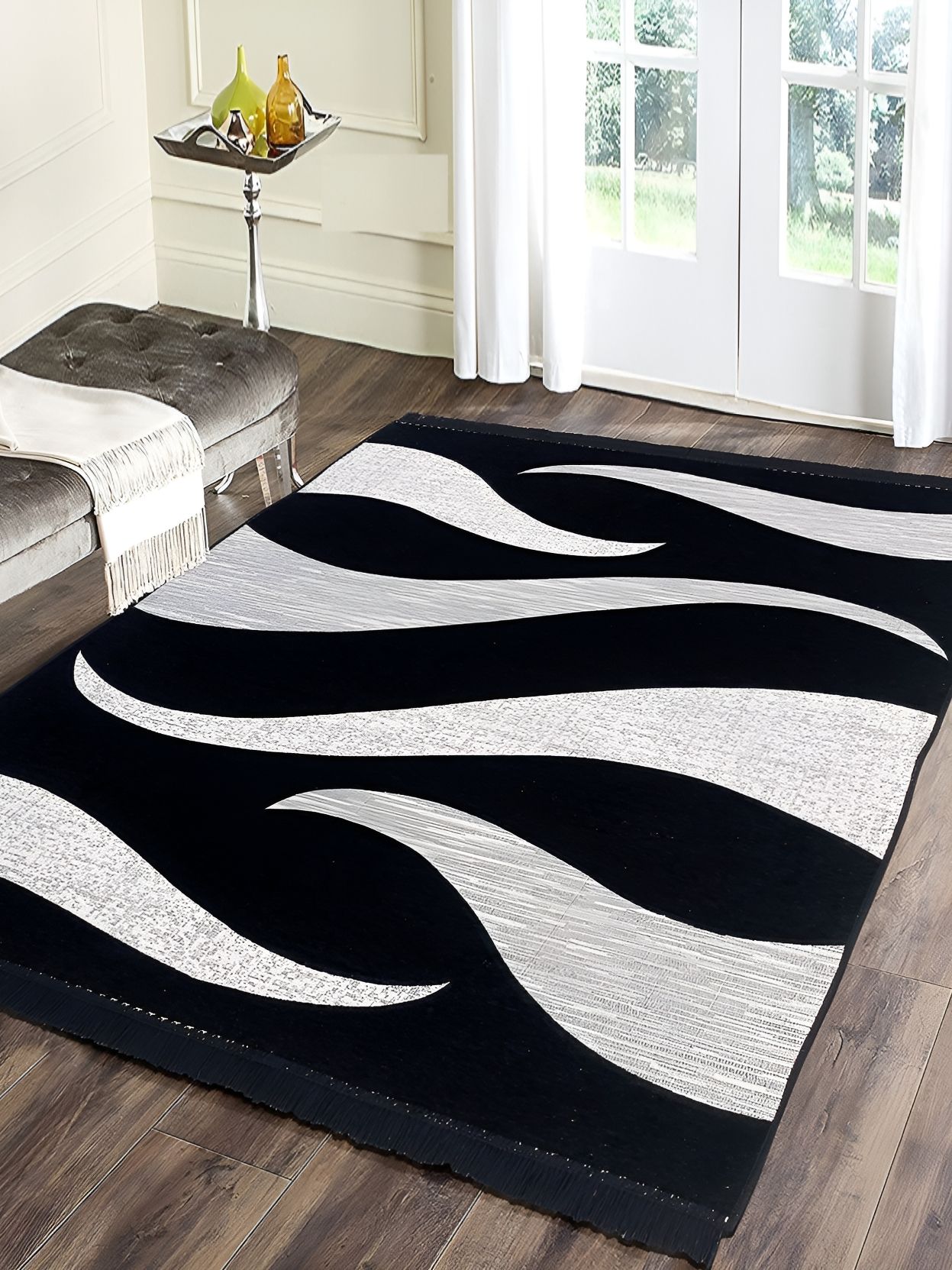 Sparrow world Black & White Printed Chennille Carpet-picture-45